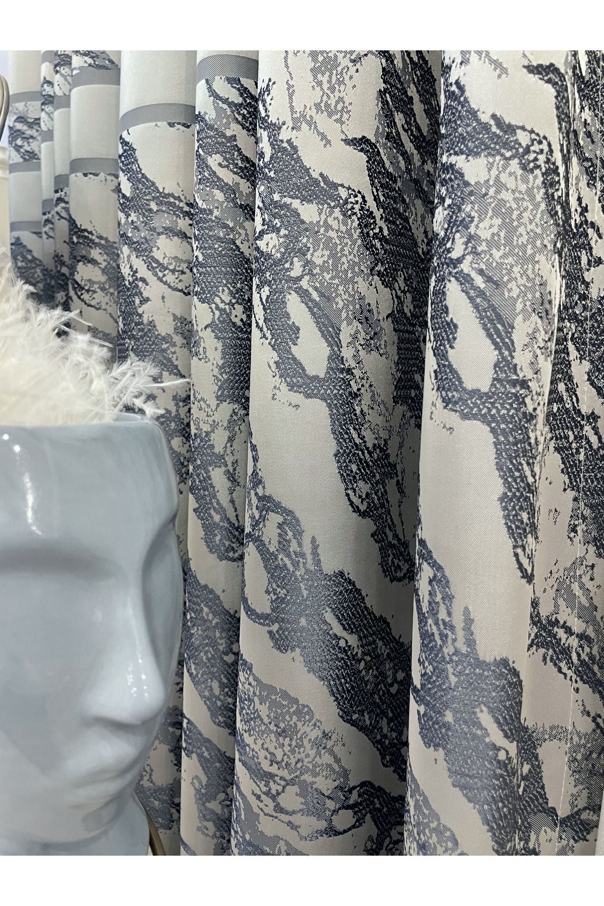 Gray Striped Pattern 1/3 TIGHT Pleat Jacquard Blackout Curtain