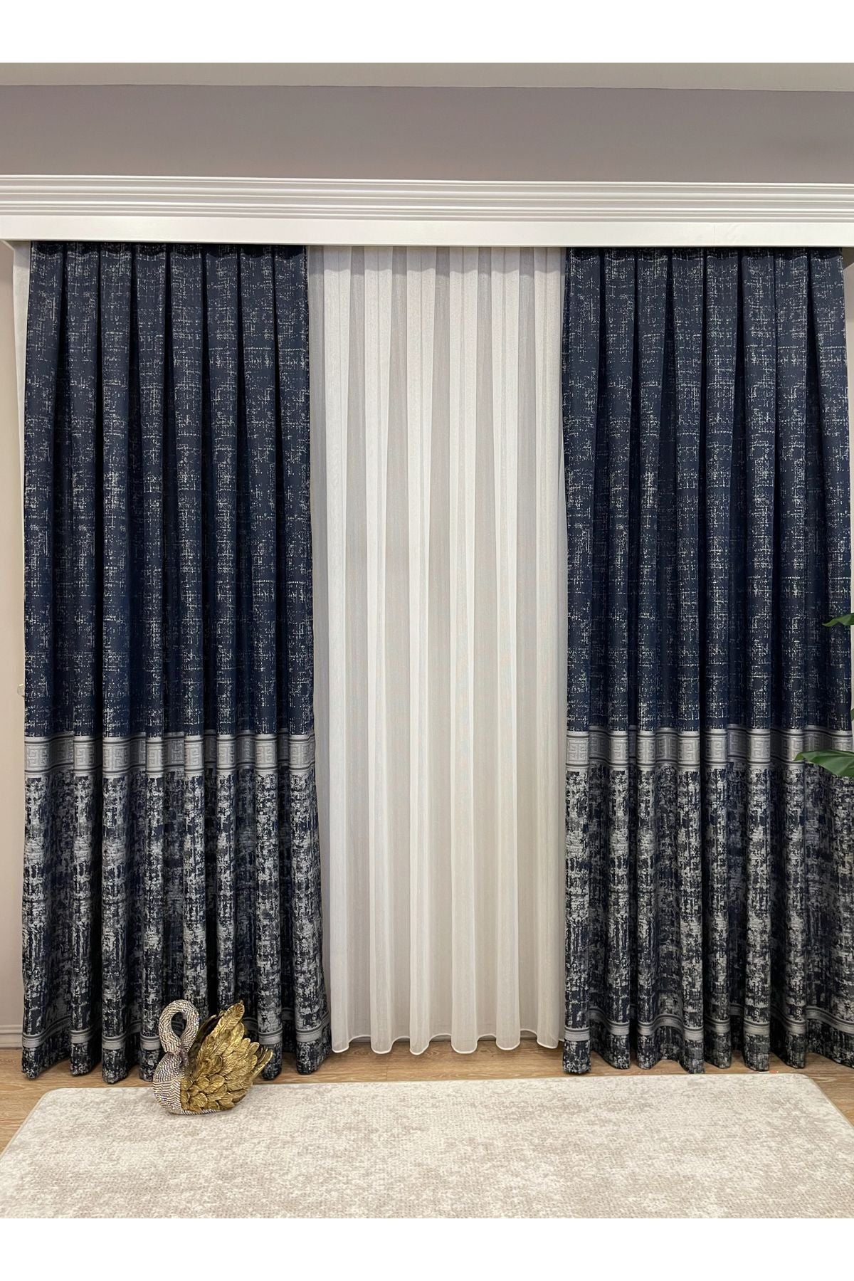 Gray Anthracite Bordered Pattern 1/3 Tight Pleat Jacquard Woven Blackout Curtain