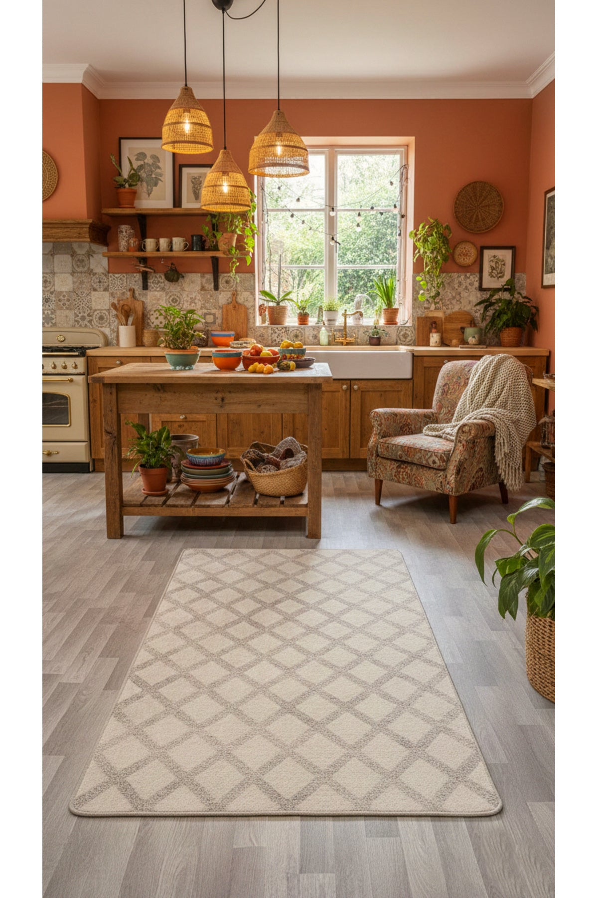 Diamond Pattern Beige Non-Slip Base Kitchen Rug