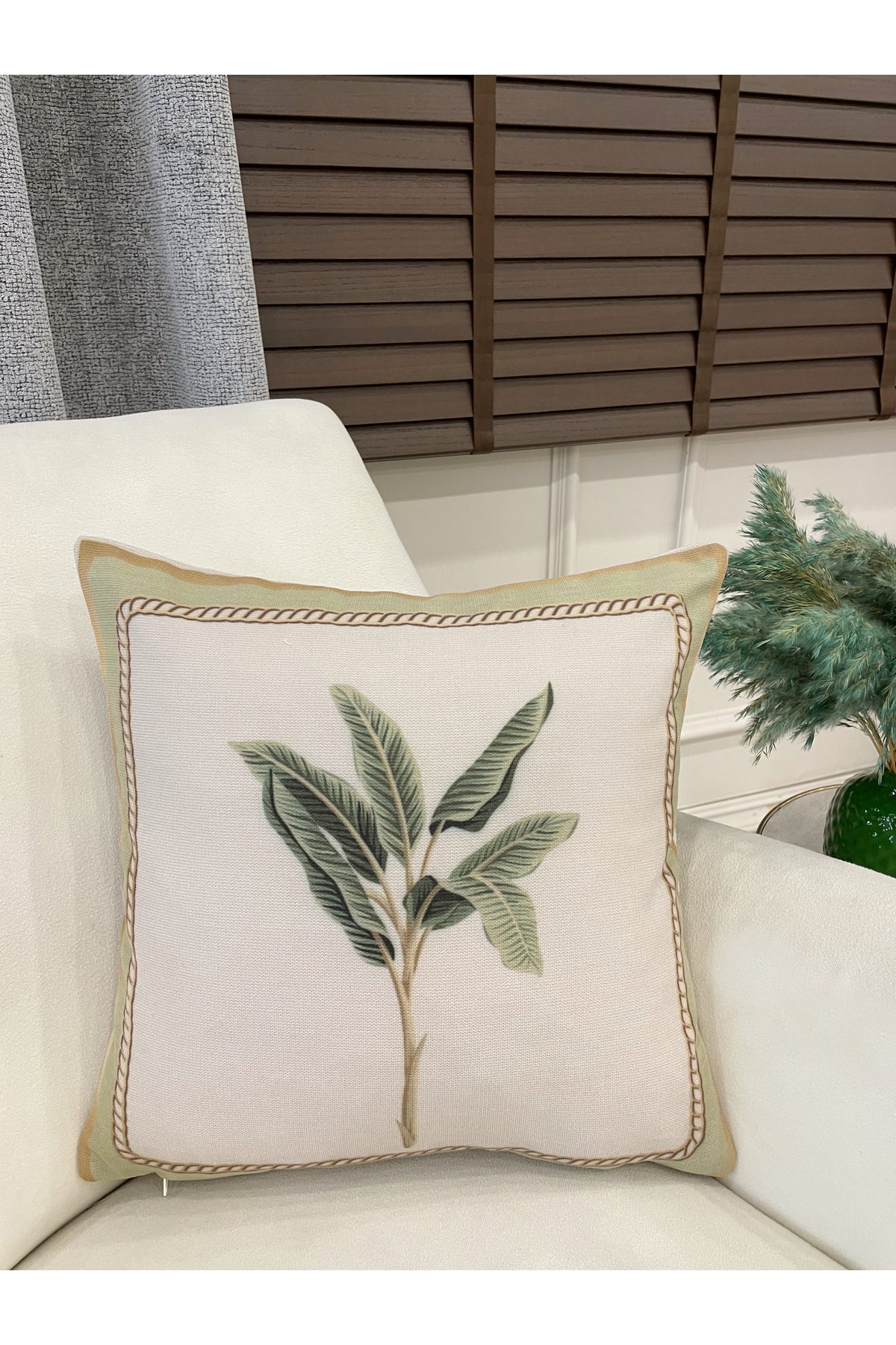 Beige Green Leaf Pattern Woven Fabric Throw Pillow Cover 45x45