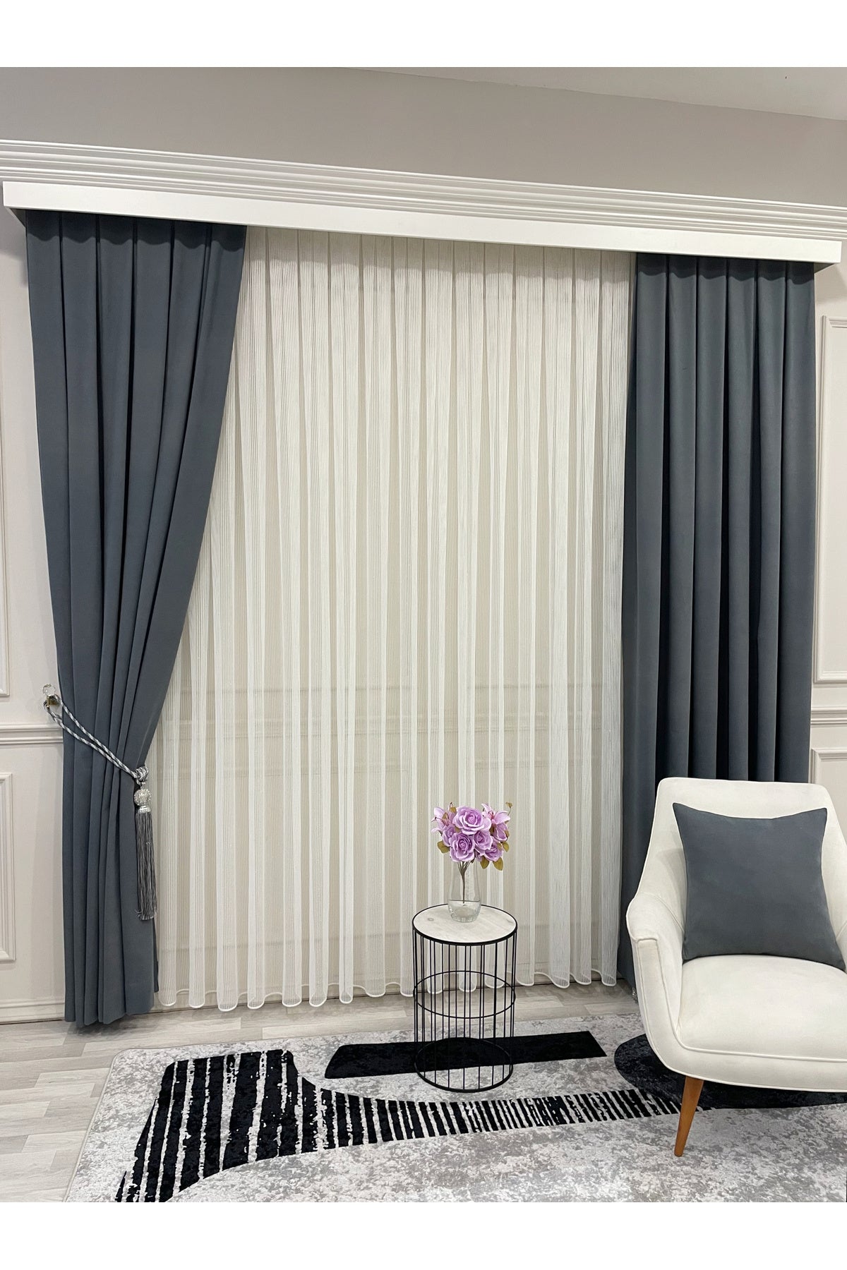 Gray-Black Net Wrinkle-Free DENSE 1/3 Pleated Sheer Curtain