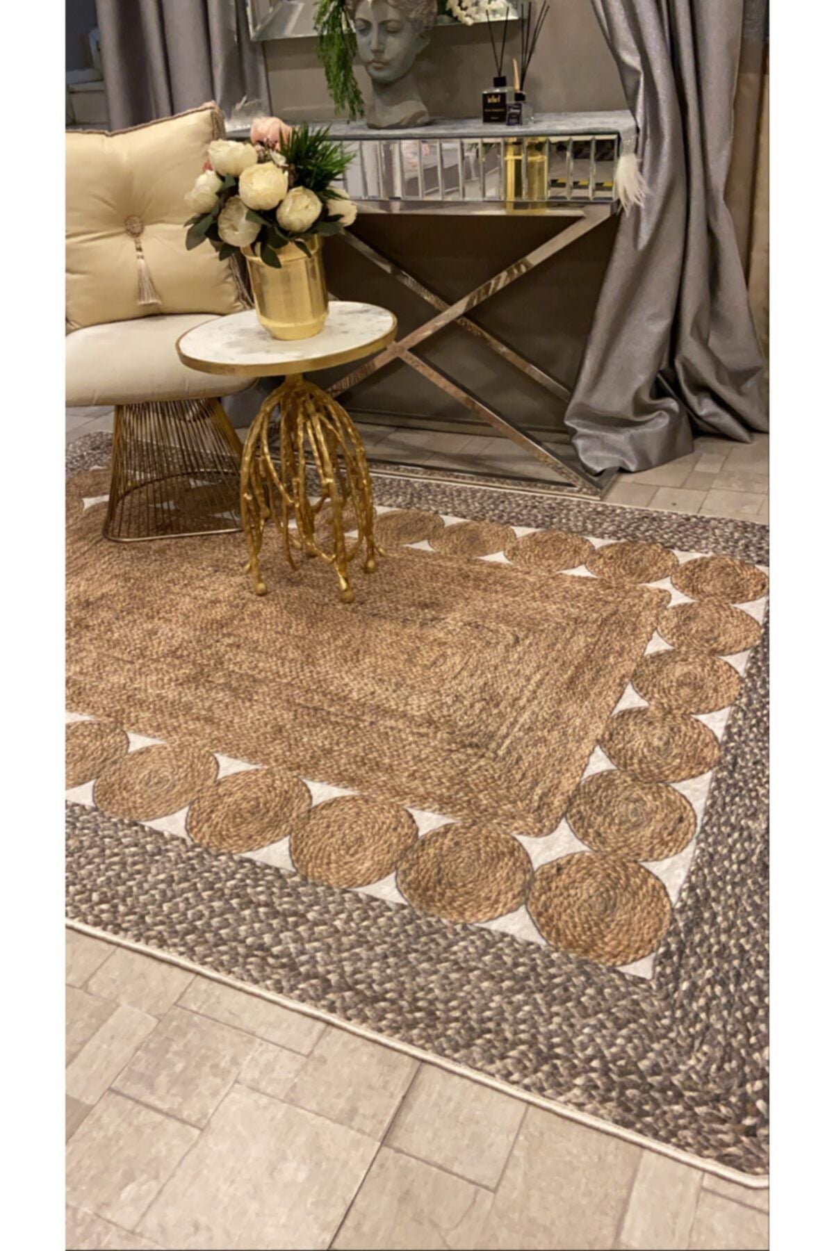 Jute Sisal Look 3D Colorful Latex Leather Base Waterproof Stain-Resistant Rug