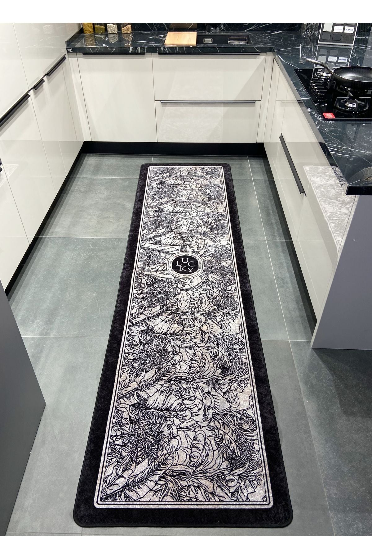 Floral Lucky Pattern Latex Leather-Backed Kitchen Rug BLACK-GRAY