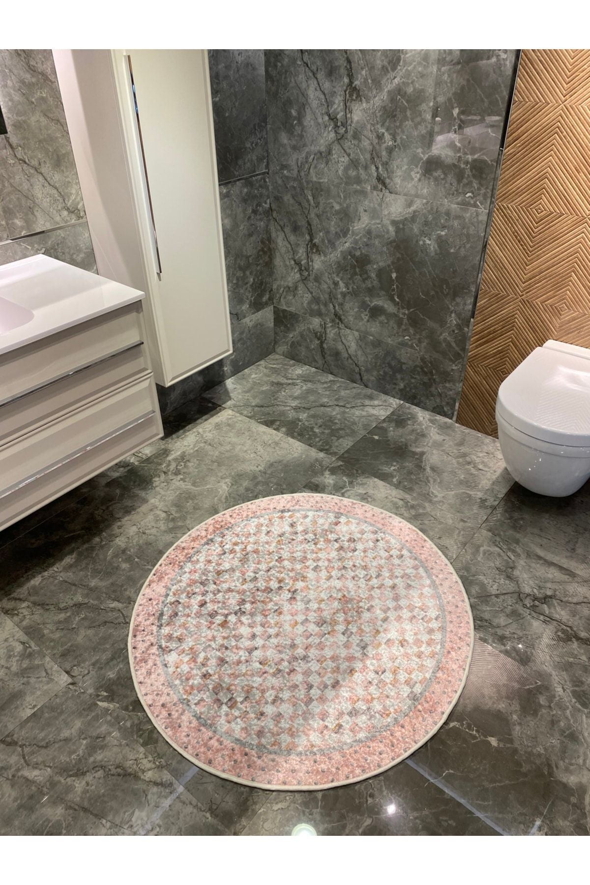 Robert Blue Diamond Pattern Fringeless Round Bathroom Mat - Blue Size 100x100