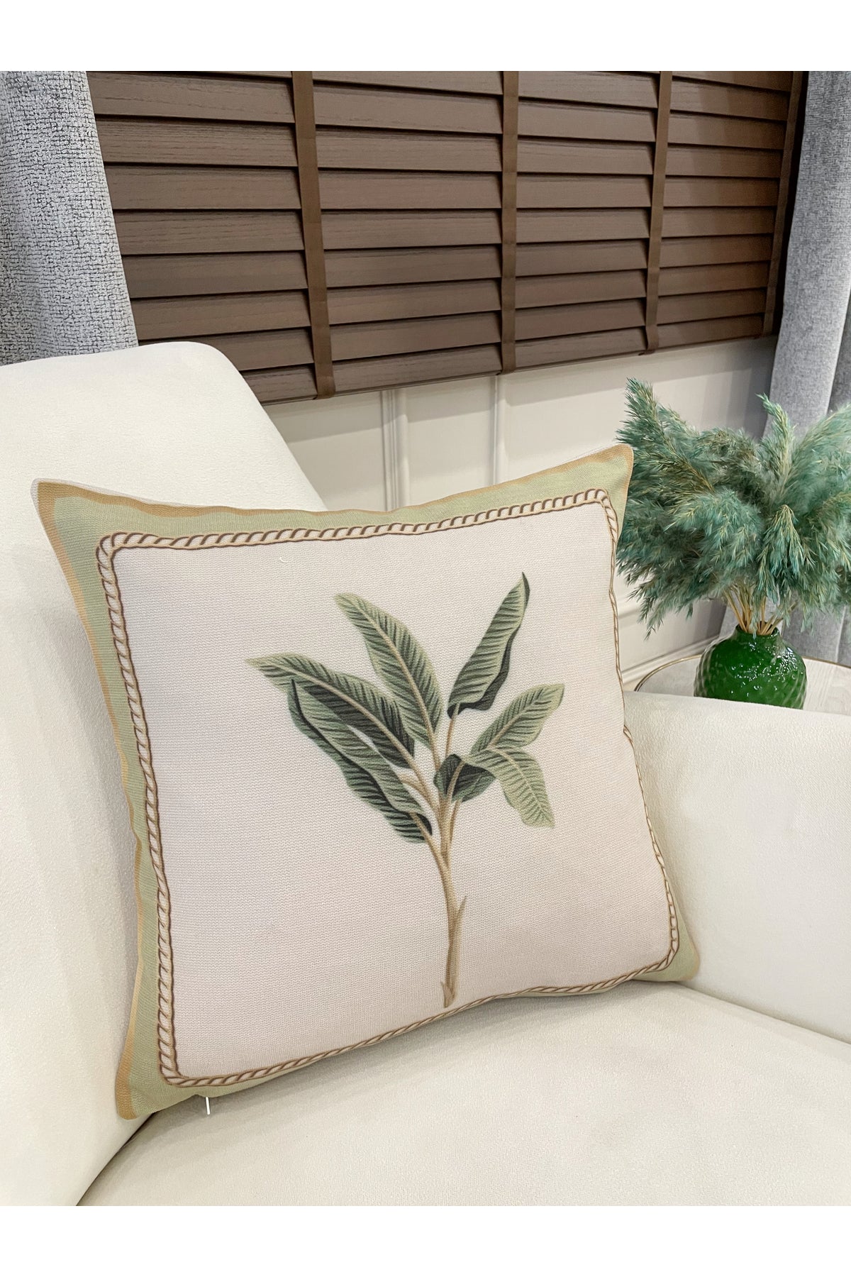 Beige Green Leaf Pattern Woven Fabric Throw Pillow Cover 45x45