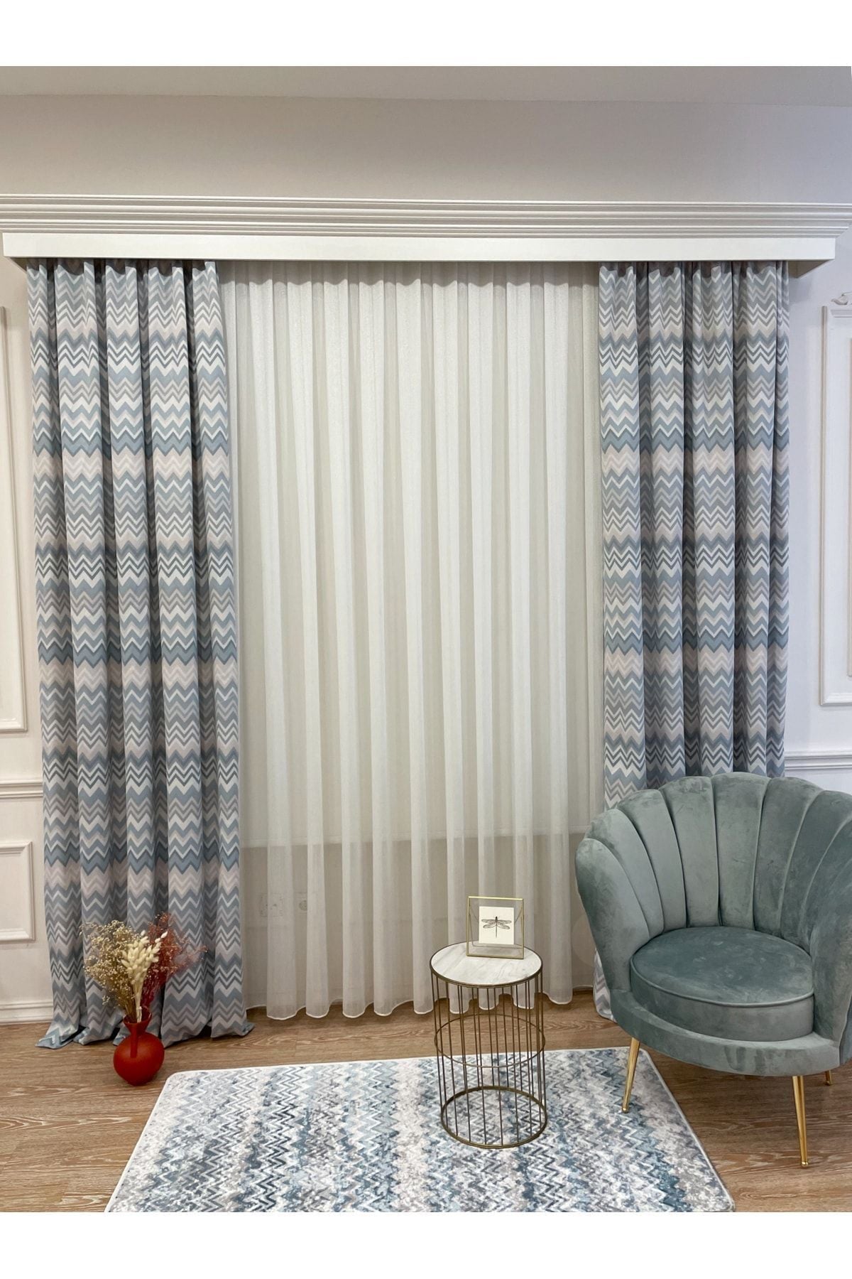 Zigzag Patterned No-Pleat Flat Stitch Extra-Tape Blackout Curtain