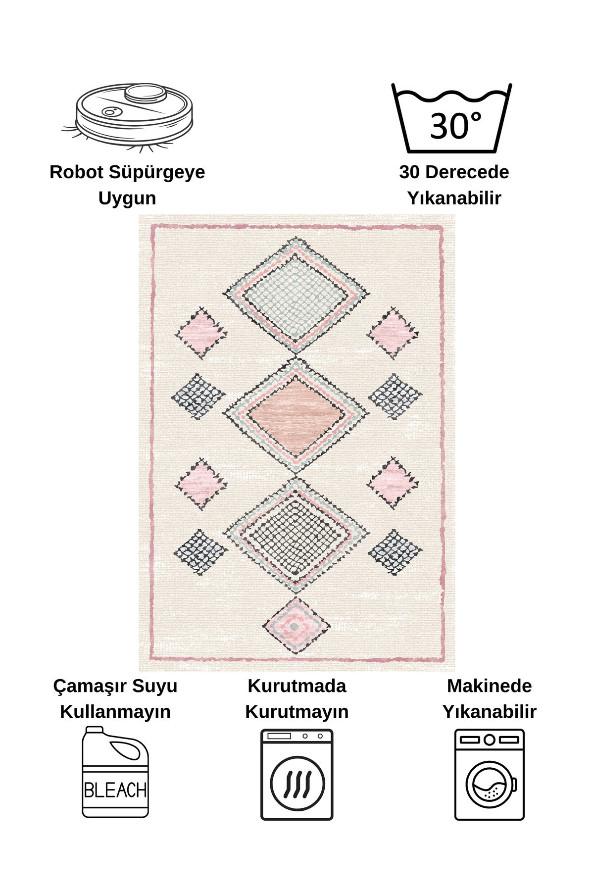 Beige - Powder Pink Ethnic Pattern Latex Non-Slip Base Rug