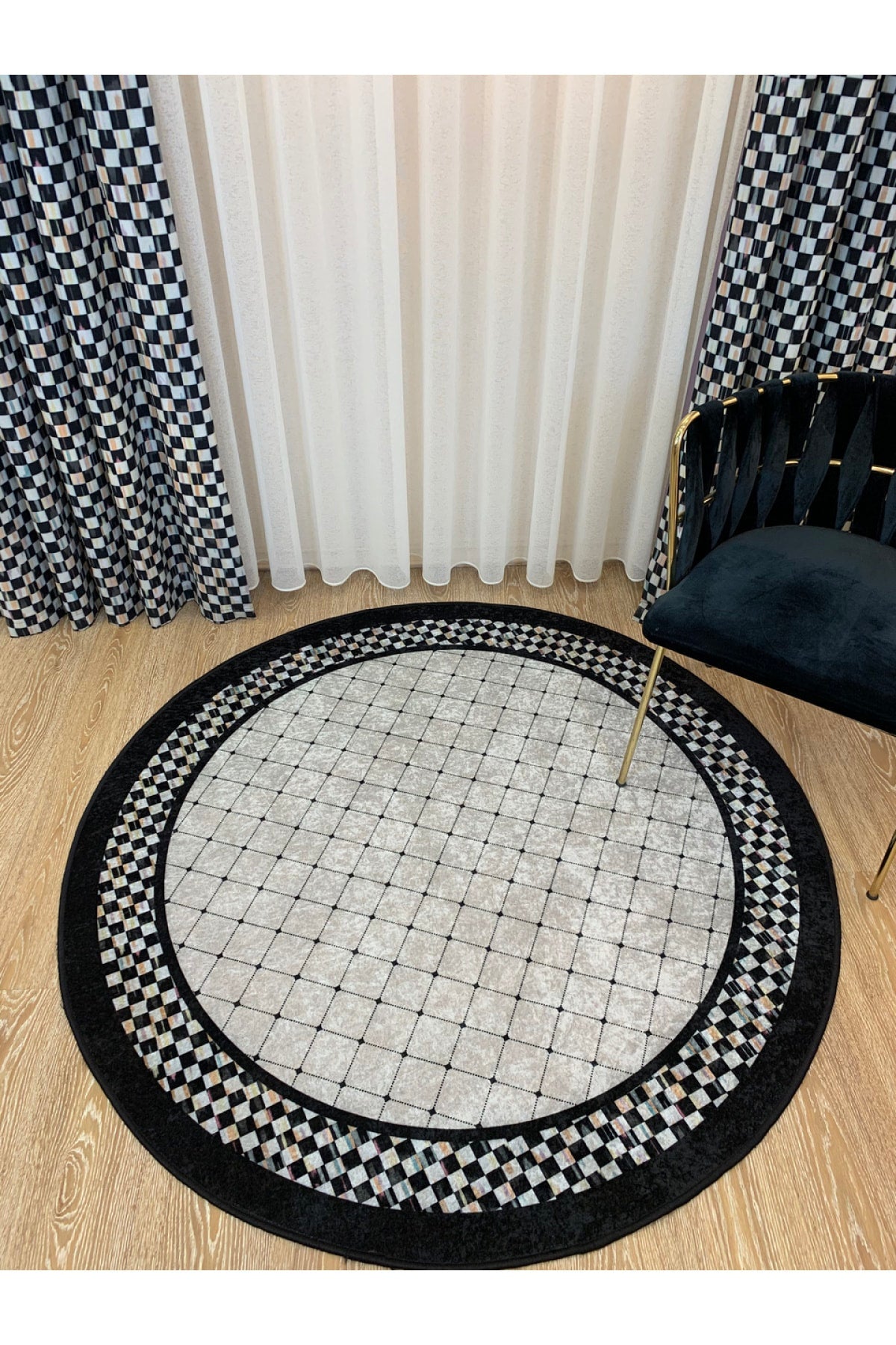 Checkered Round Latex Non-Slip Base Fringe-Free Kitchen Terrace Balcony Rug