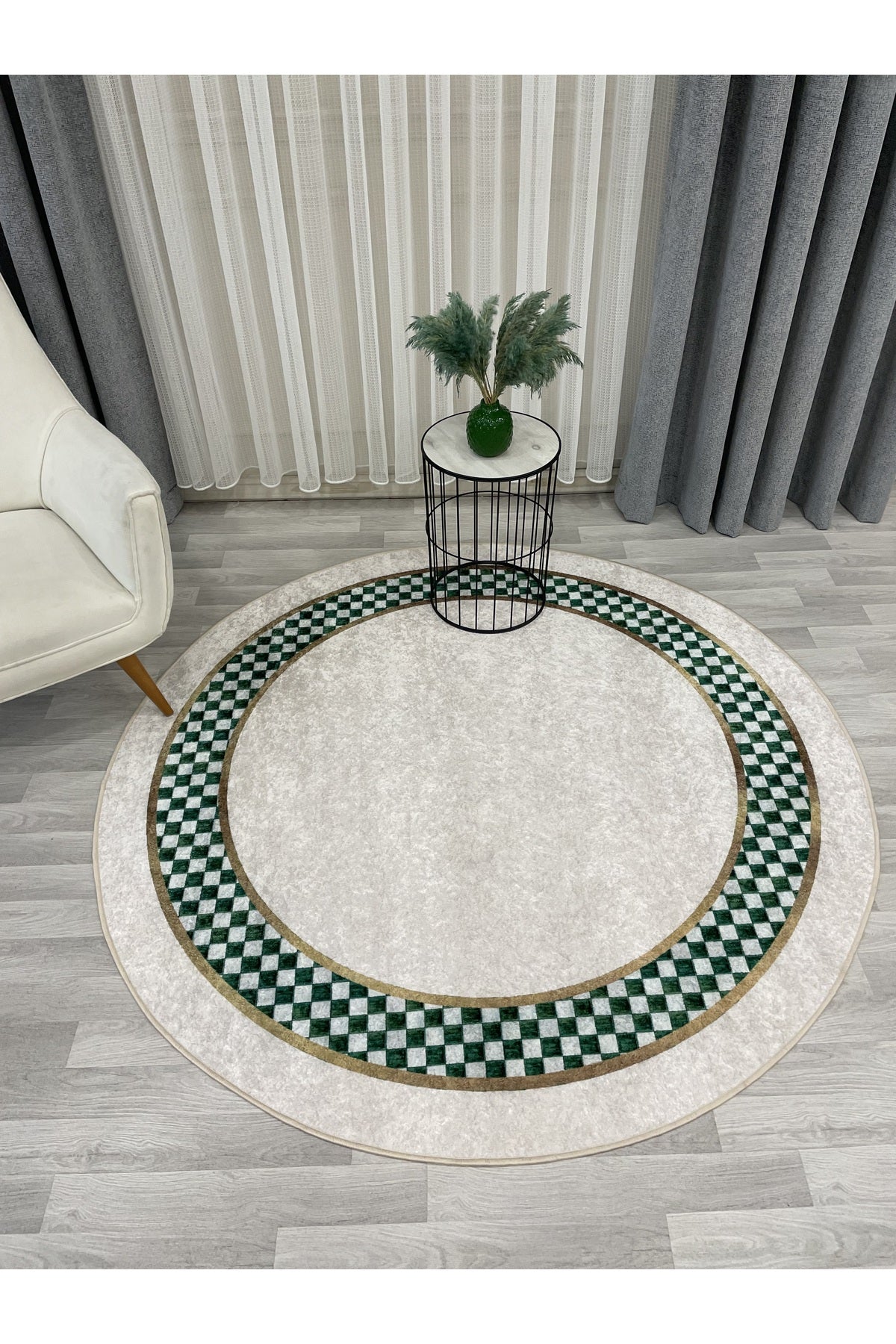 Beige Green Checkered Non-Slip Base Rug