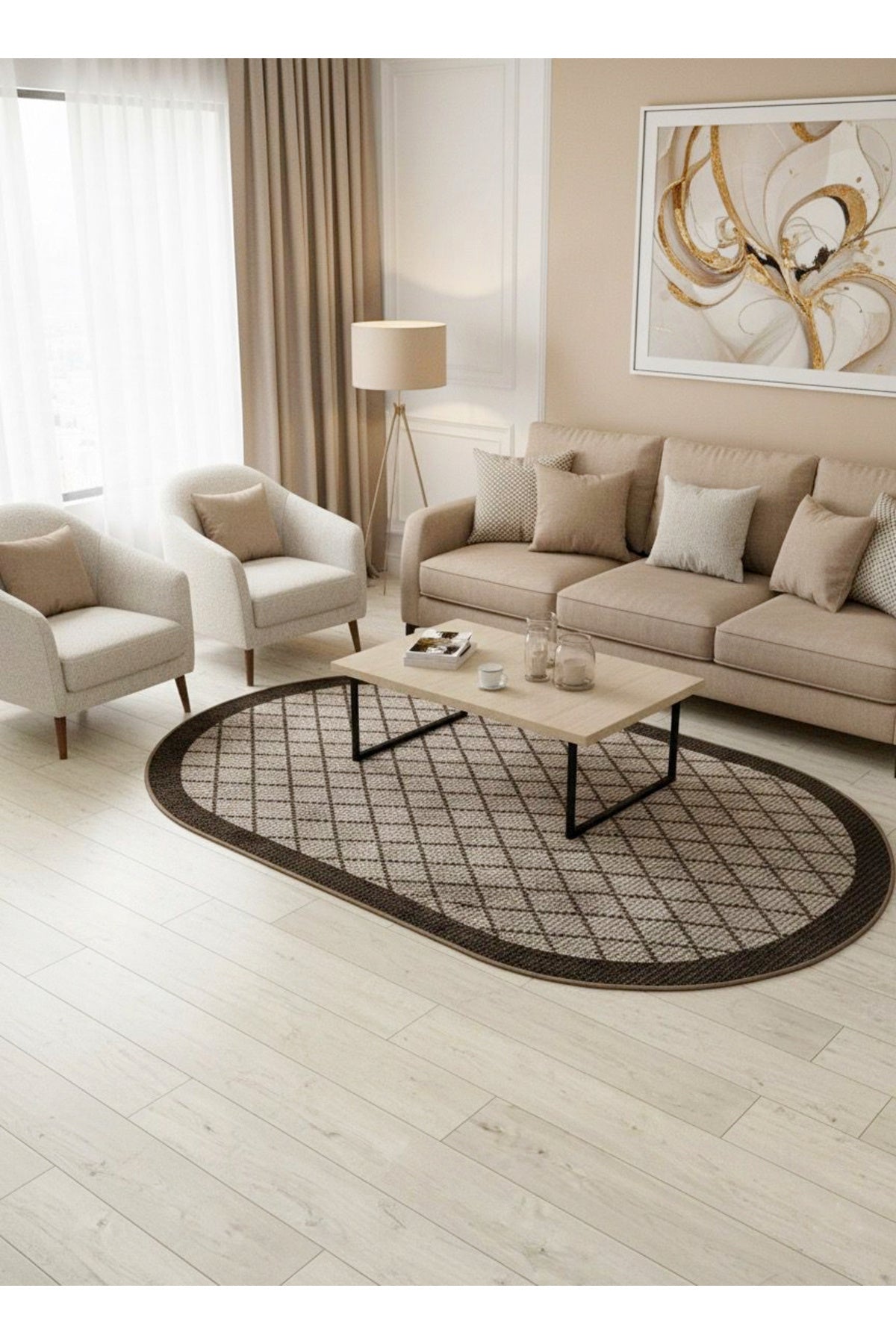 GREEN-BROWN Jute Sisal Look Bordered Non-Slip Base Runner Rug