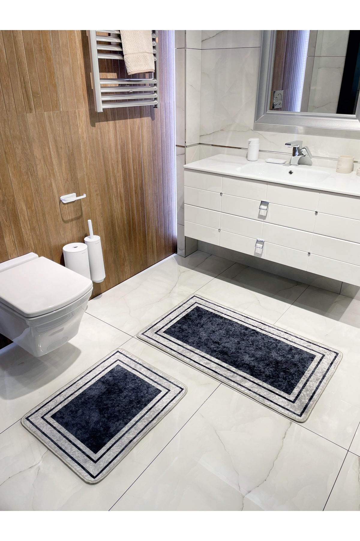 Striped Pattern 2-Piece Latex Leather-Backed Bathroom Mat Set (60X100 - 60X50) Navy Blue Gray