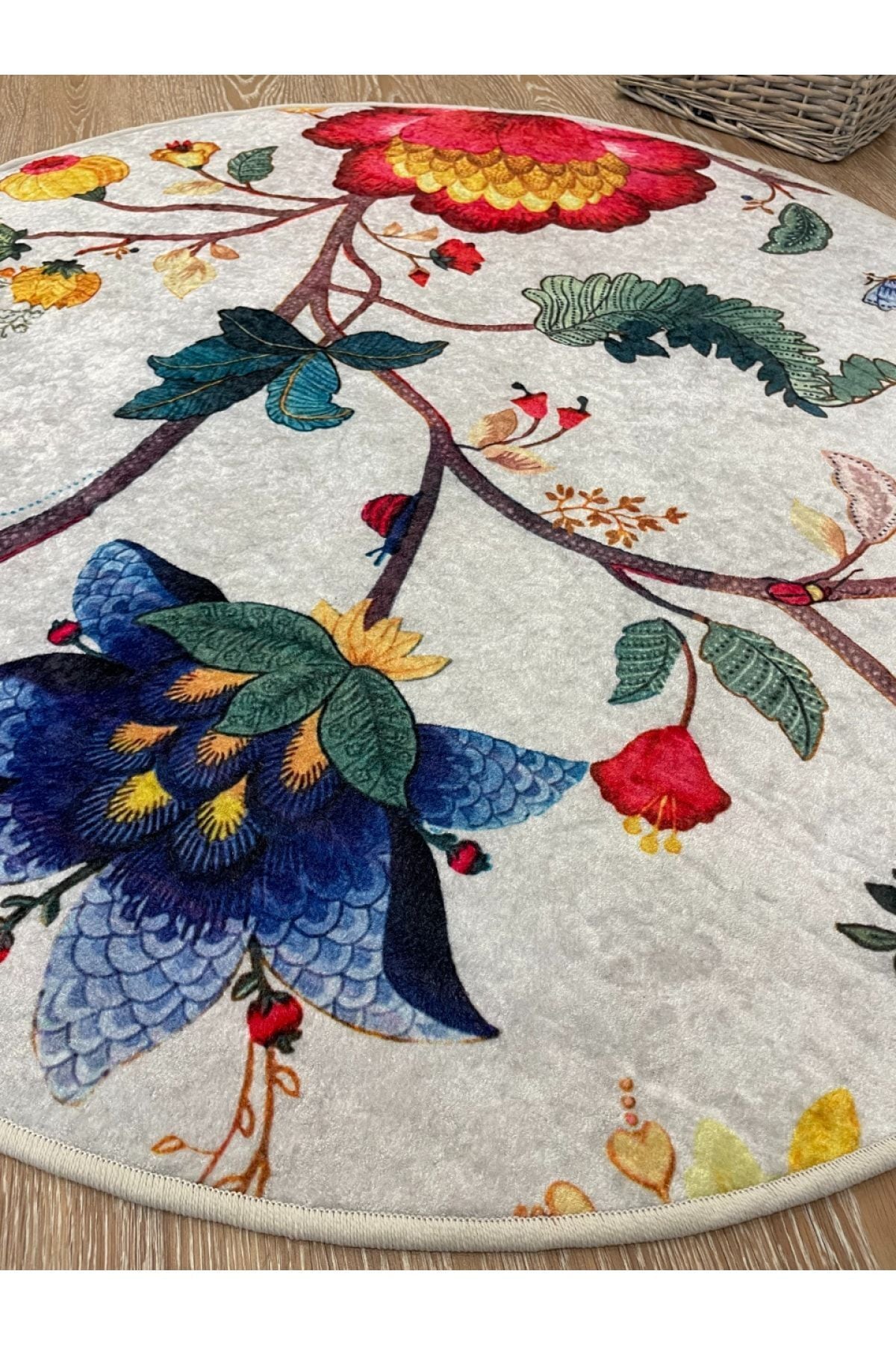 Floral Pattern Decorative Leather-Backed Round Rug - Gray