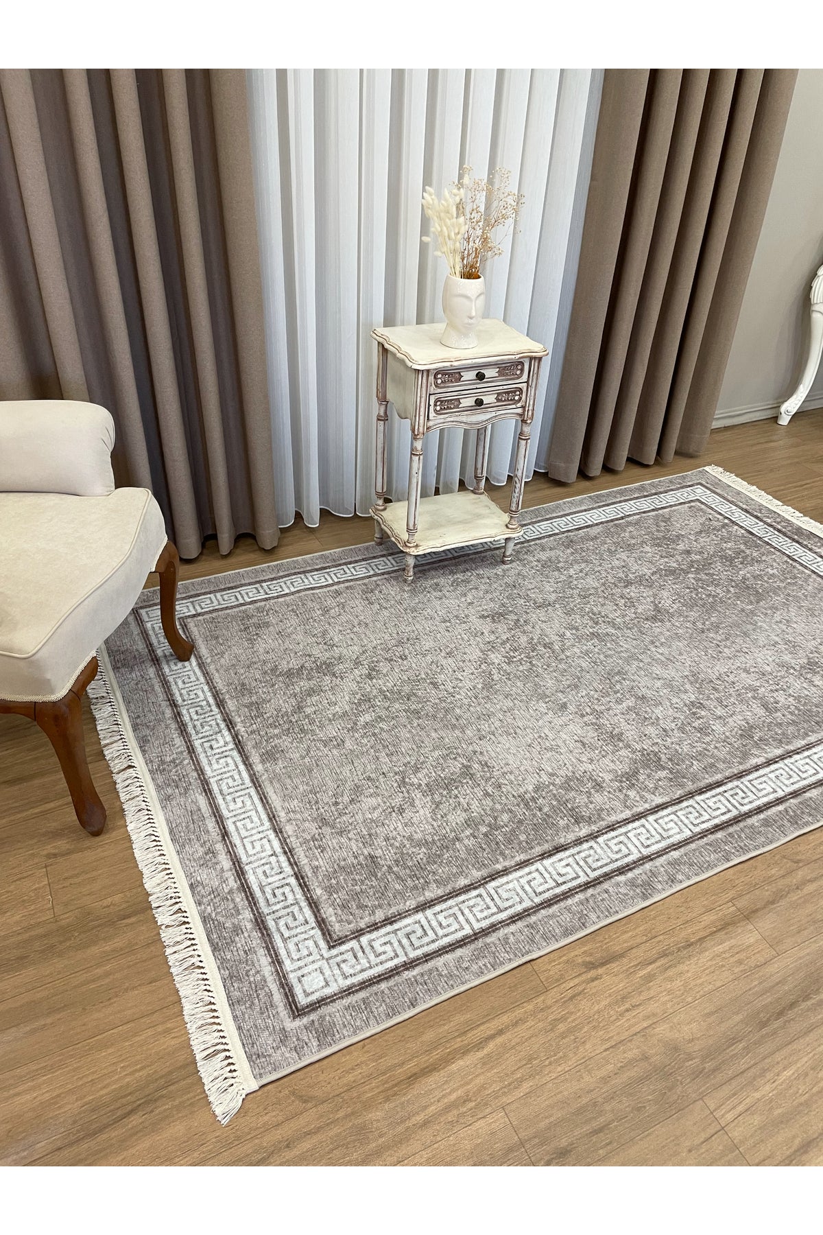 Brown Mink Bordered Latex Base Fringed Rug