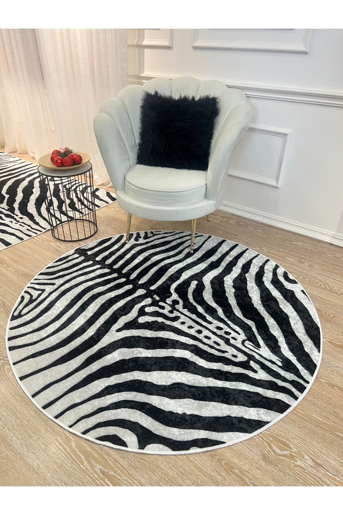 Zebra Print Round Black - Gray Decorative Rug