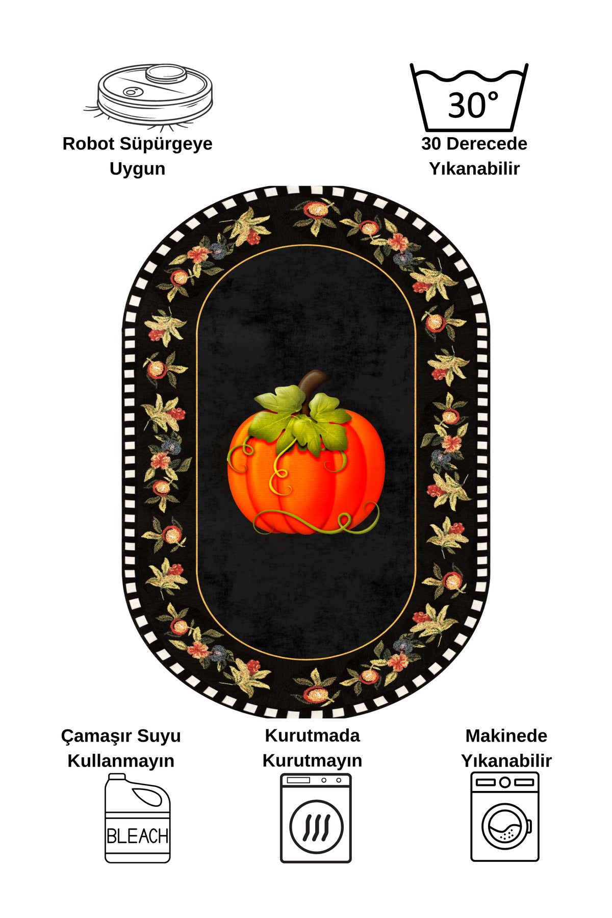 Pumpkin Pattern Bordered Oval Kitchen Rug