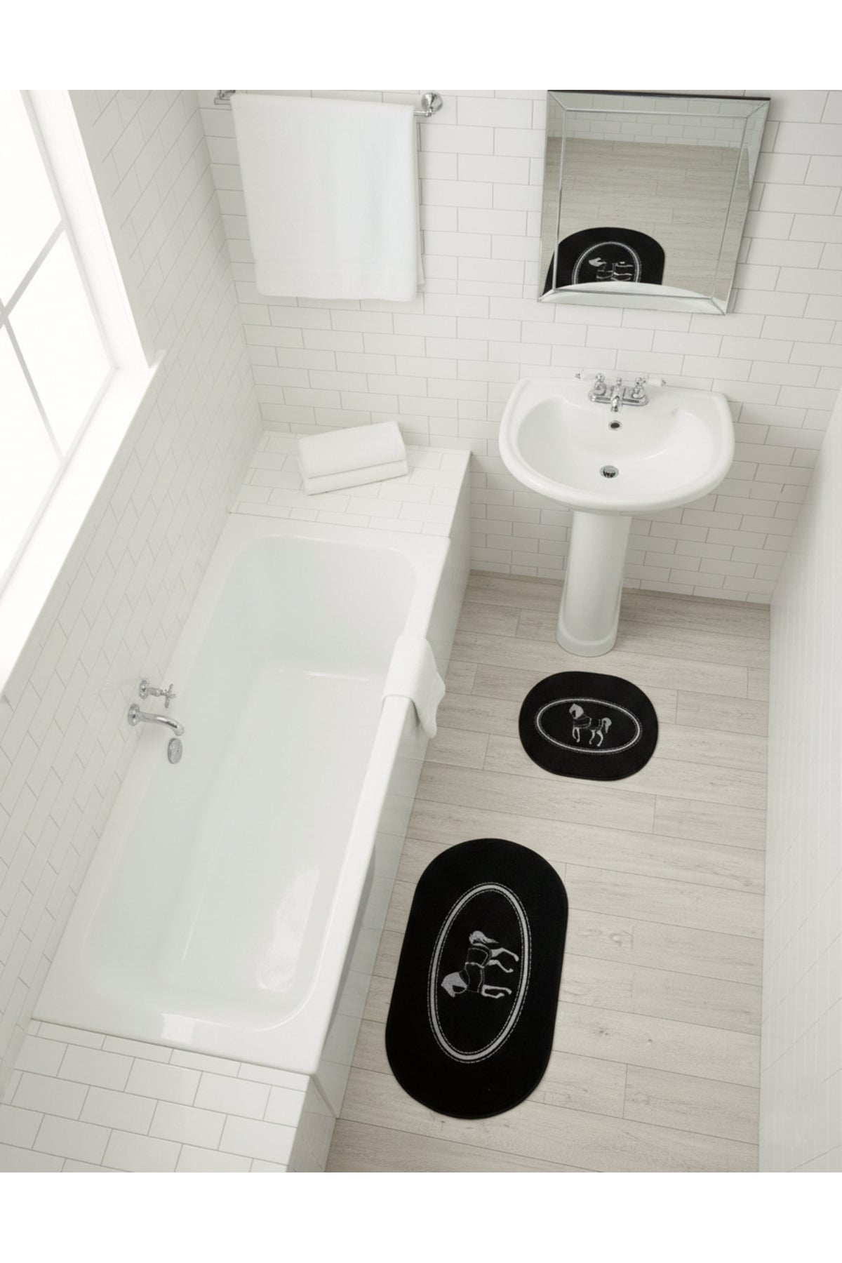 Black Horse Pattern 2-Piece Leather Base Bathroom Mat Set (60x100 - 60x50)