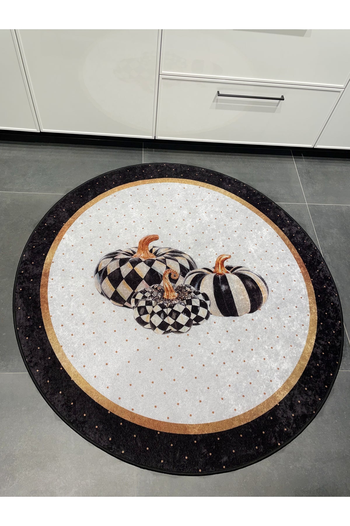 Checkered Pumpkin Patterned Latex Leather Base Kitchen Rug