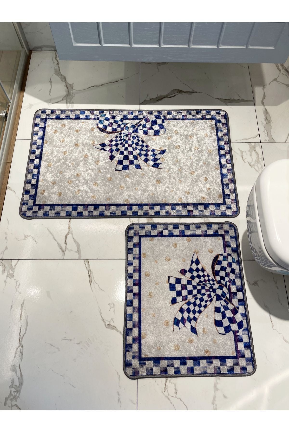 Damalı Kurdela Desenli Banyo Paspası 60X100 - 60X50 - BEJ-SİYAH