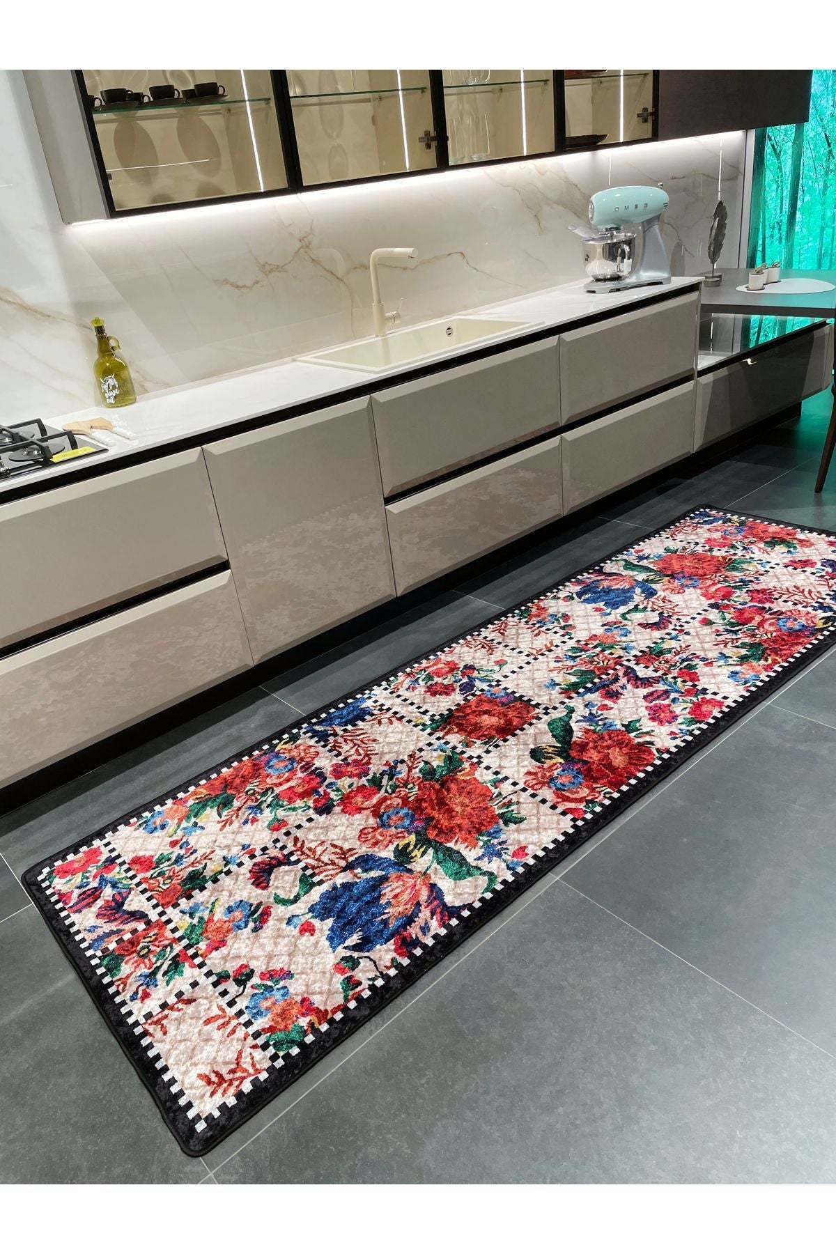 Beige Black Floral Checkered Kitchen Rug