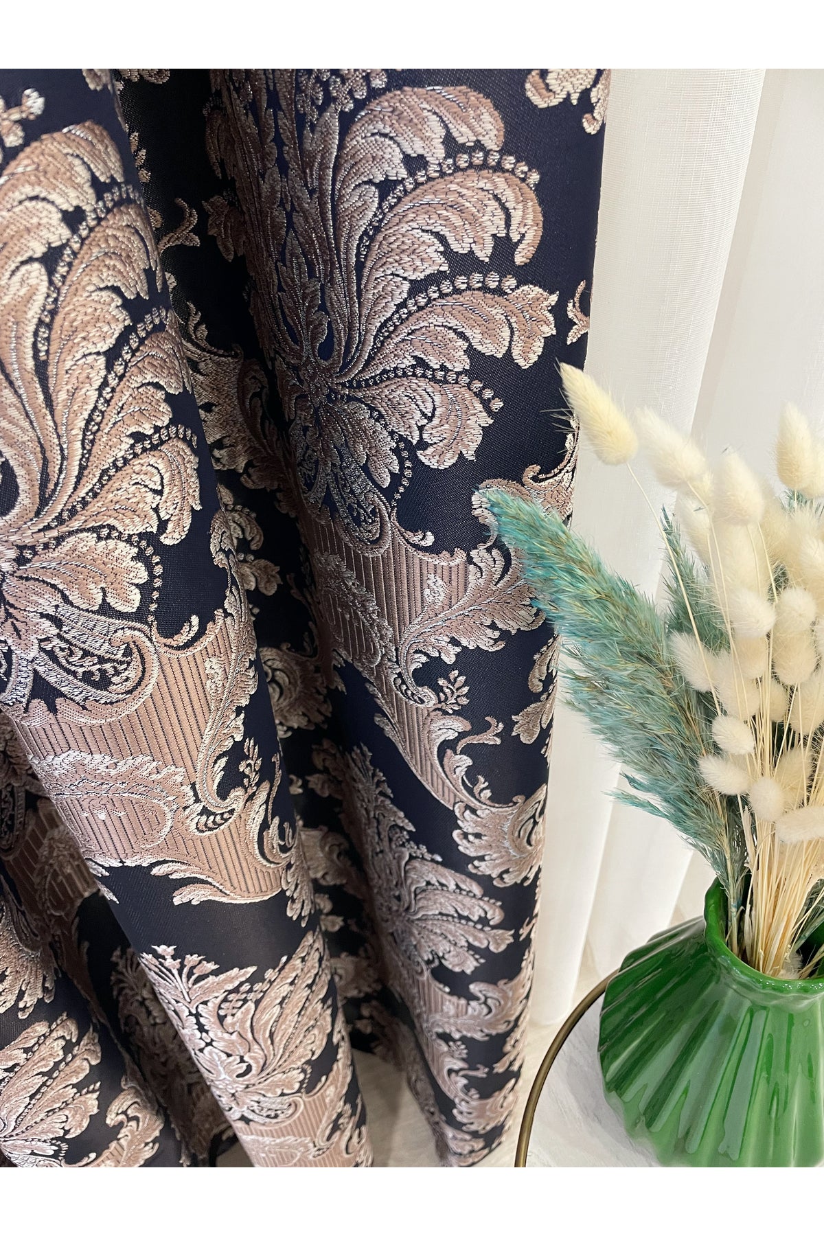 Gray Brown Damask Pattern Jacquard 1/3 Tight Pleat Jacquard Blackout Curtain
