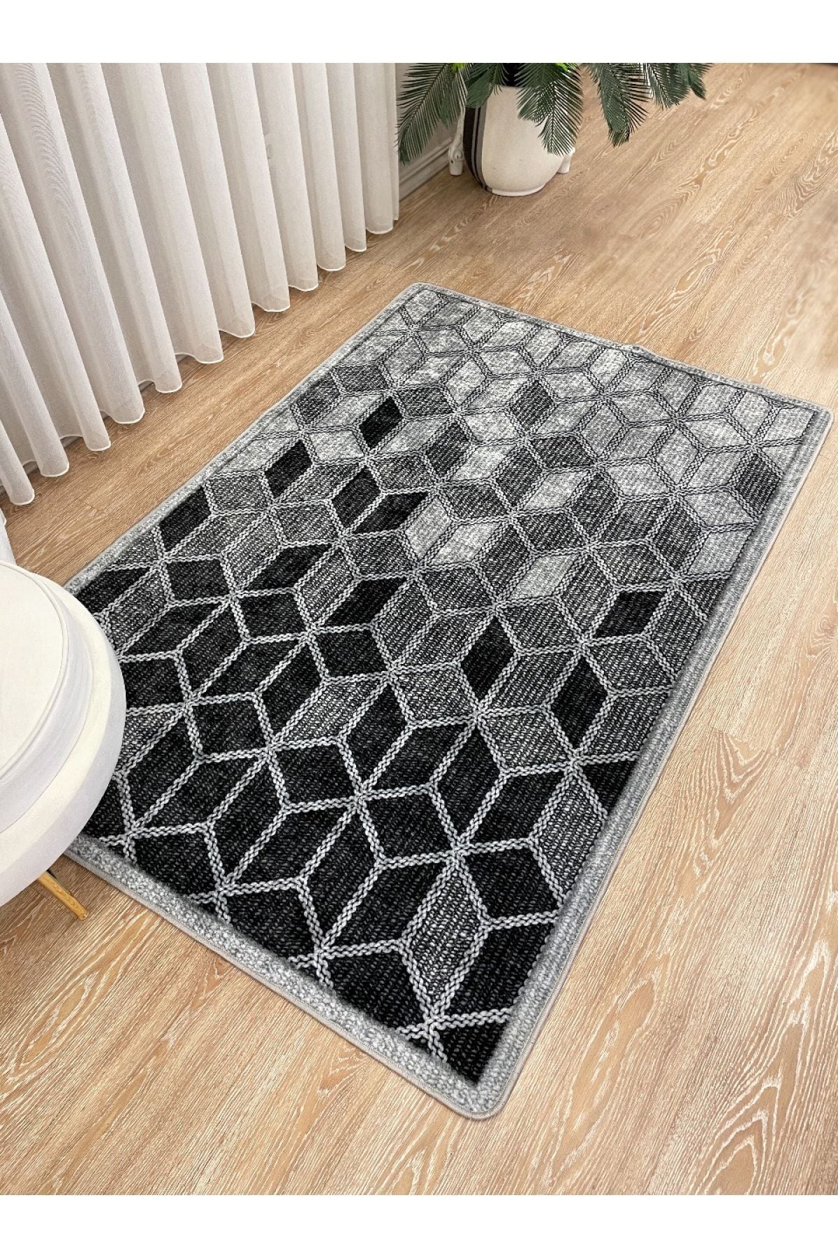 Geometrik Motifli 3 Boyutlu Lateks Taban Halı - Gri Renk