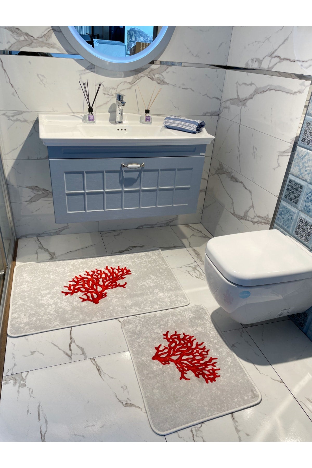 Mercan 2-Piece Latex Base Bathroom Mat Set (60x100 - 60x50) NAVY BLUE