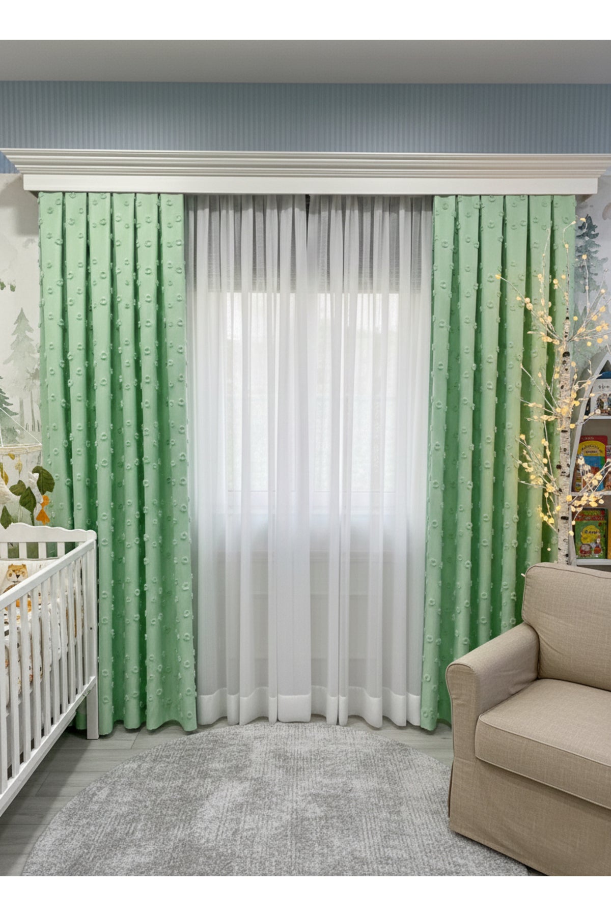 Blue Children's Room Pompom Puffy Blackout Curtain 1/3 Dense Pleating