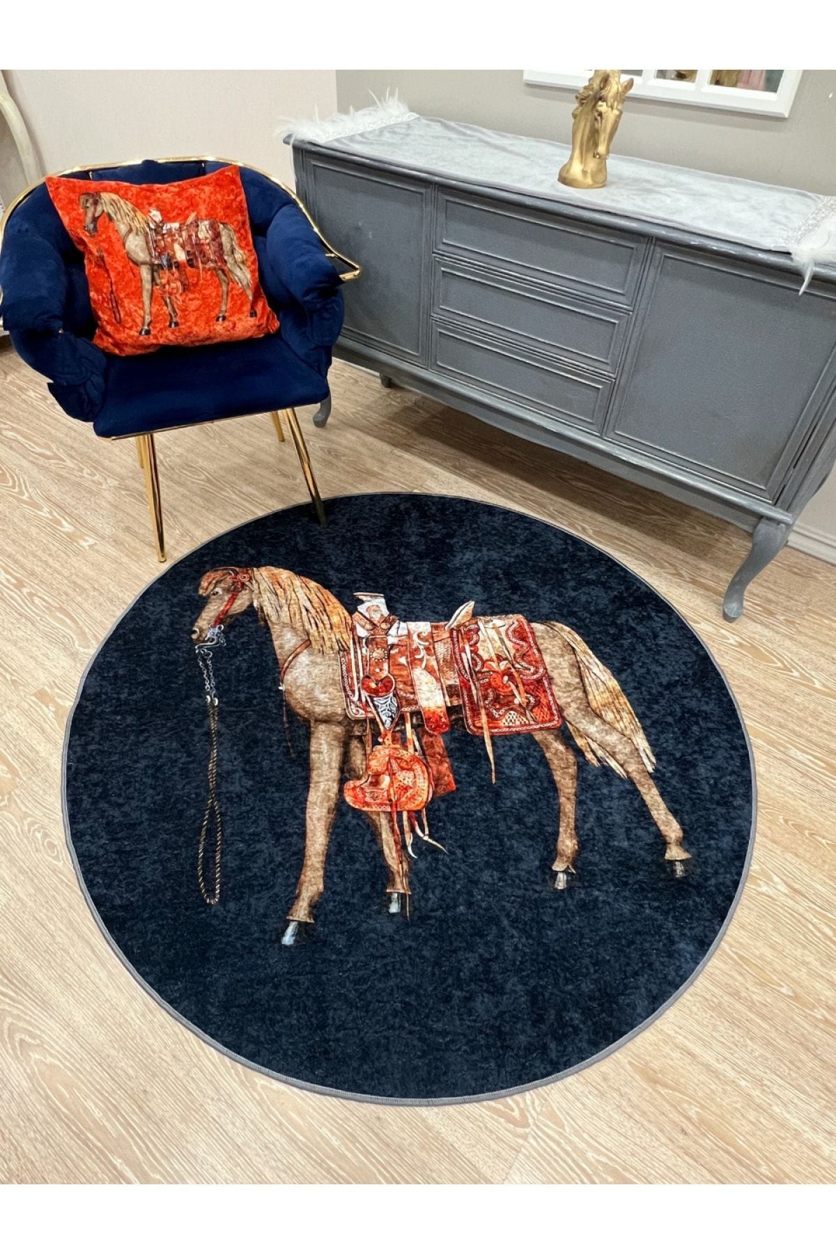 Horse Pattern Latex-Backed Round Rug