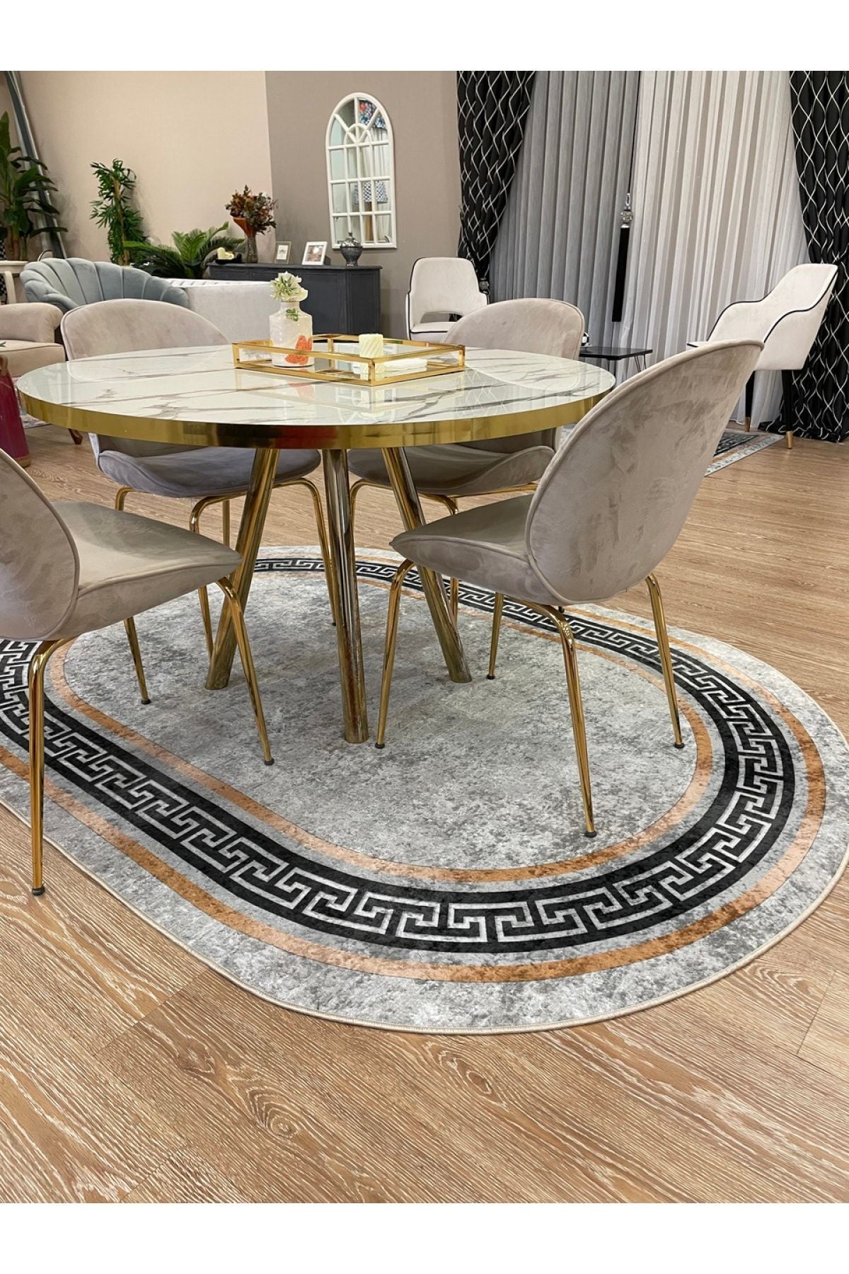 Classic Bordered Striped Oval Latex Leather Base Fringeless Living Room Rug - Gray