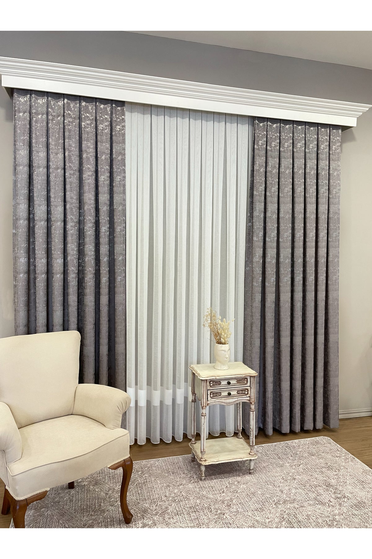 Gray - Mink - Jacquard Self-Patterned 1/3 Pleated Blackout Curtain