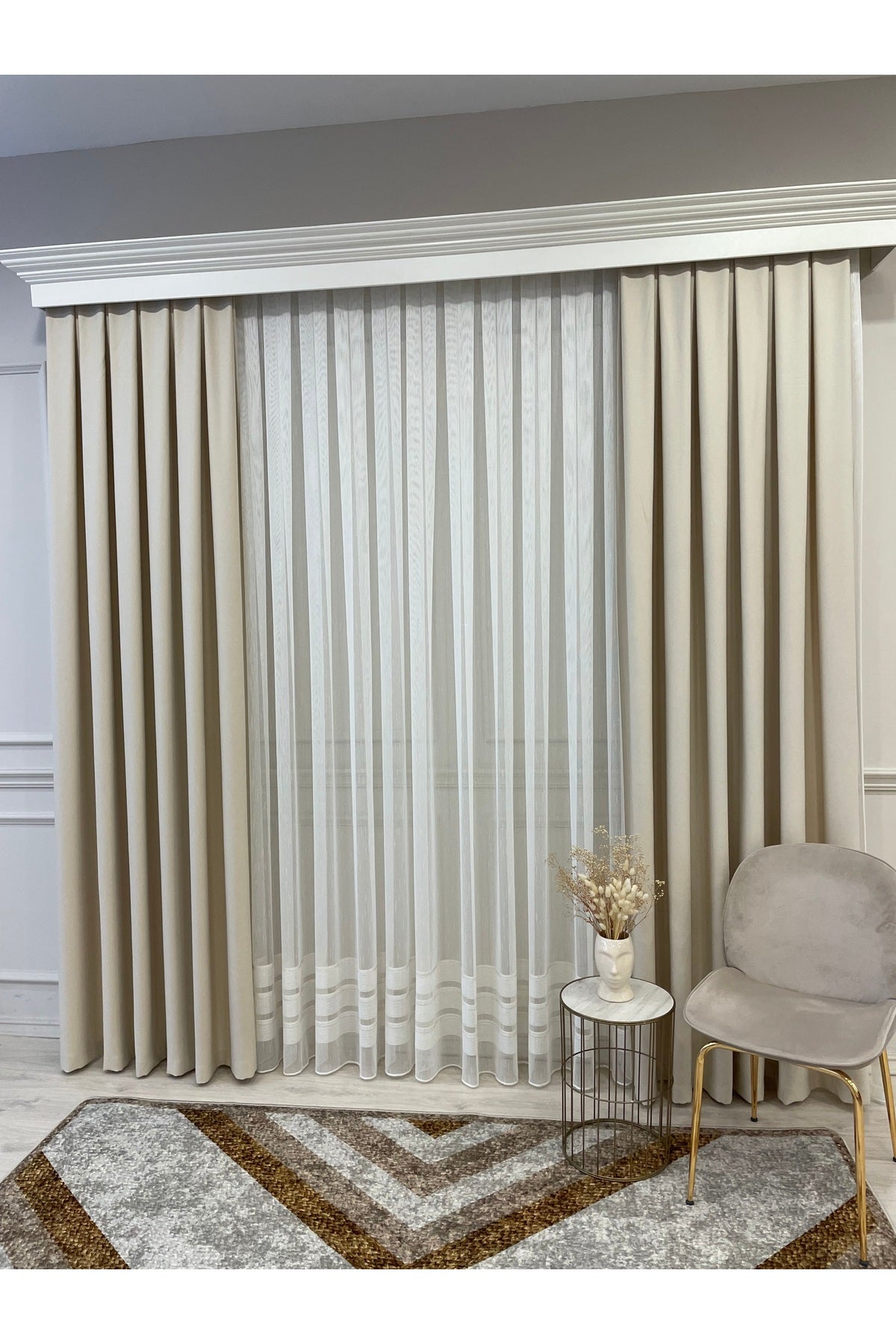 Modern Shantung Banded 1/3 Dense Pleat - Ecru/Gray Sheer Curtain