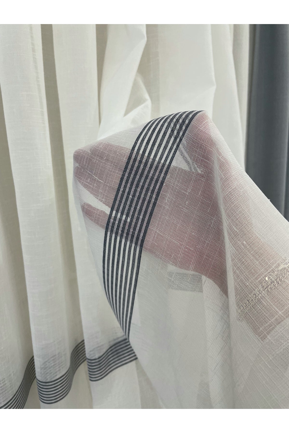 Linen-Look Banded 1/3 Dense Pleated - Ecru/Grey Sheer Curtain