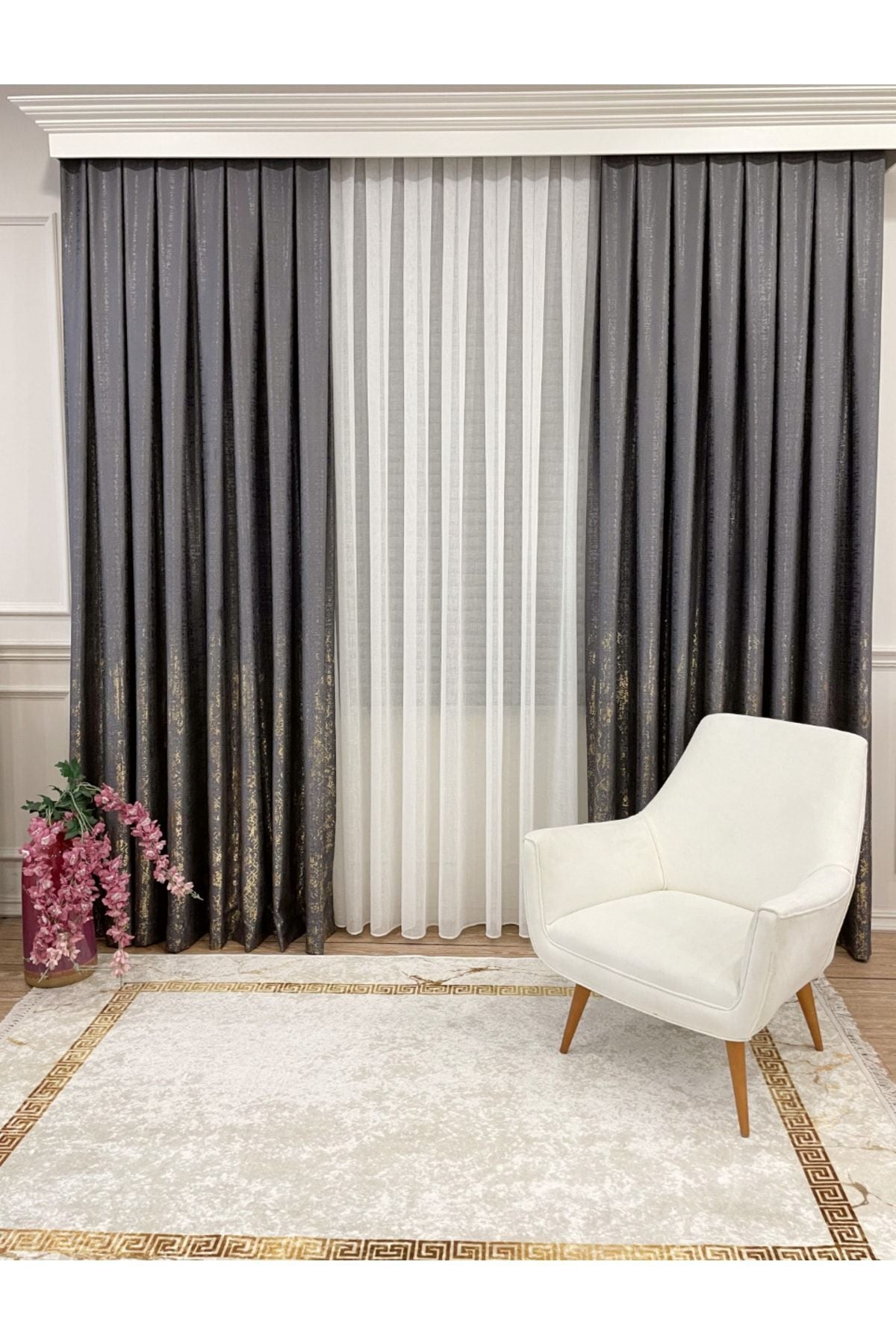 Jacquard Ground Foil Print 1/3 Dense Pleat Blackout Curtain - Beige - Gold Foil