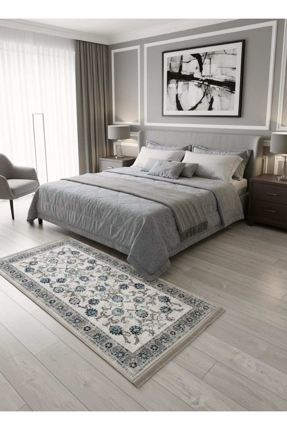 BEIGE-BLUE Traditional Distressed FRINGED Classic Non-Slip Base Rug