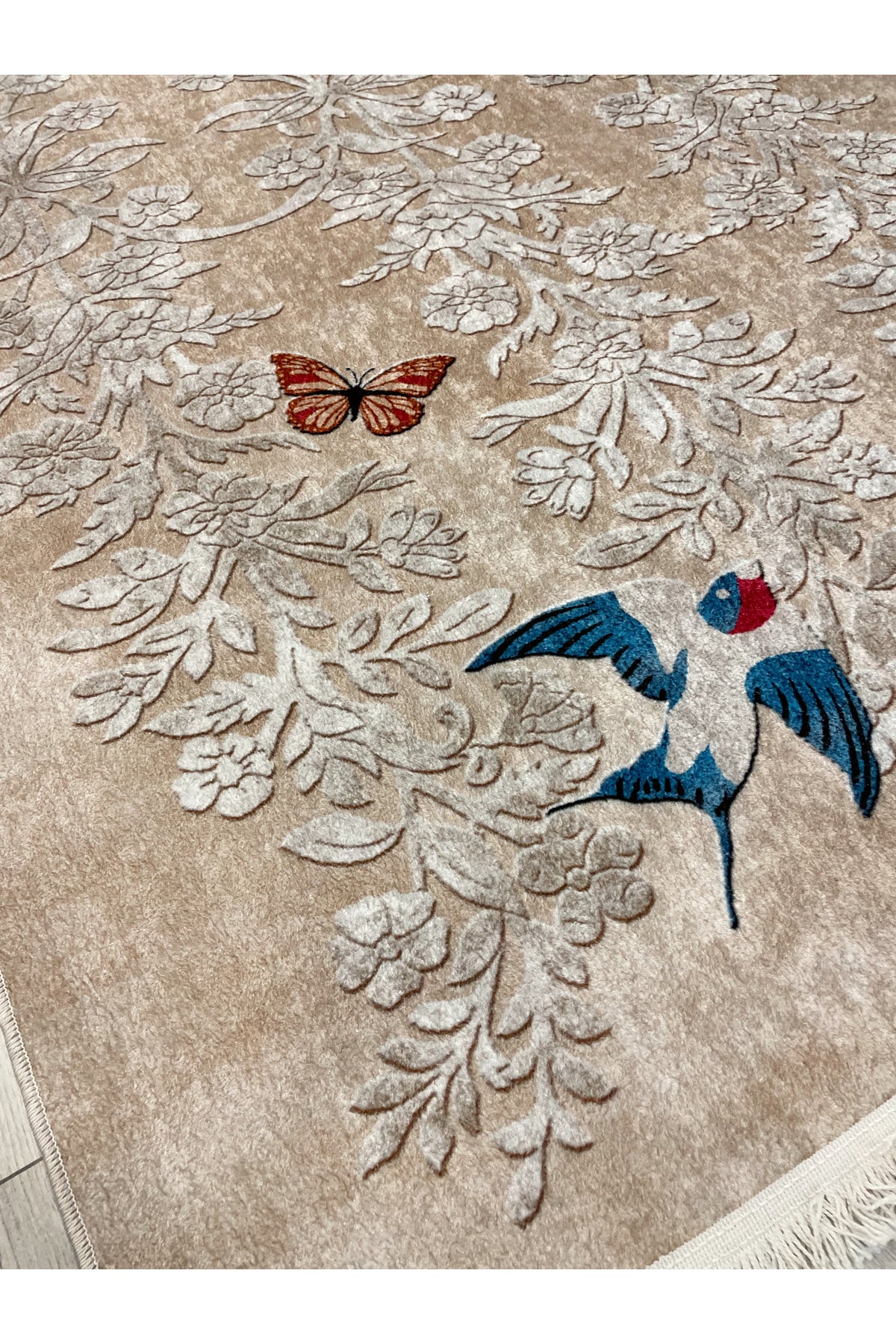 BEIGE - Embroidery-Look Bird Motif Latex Base Runner Rug