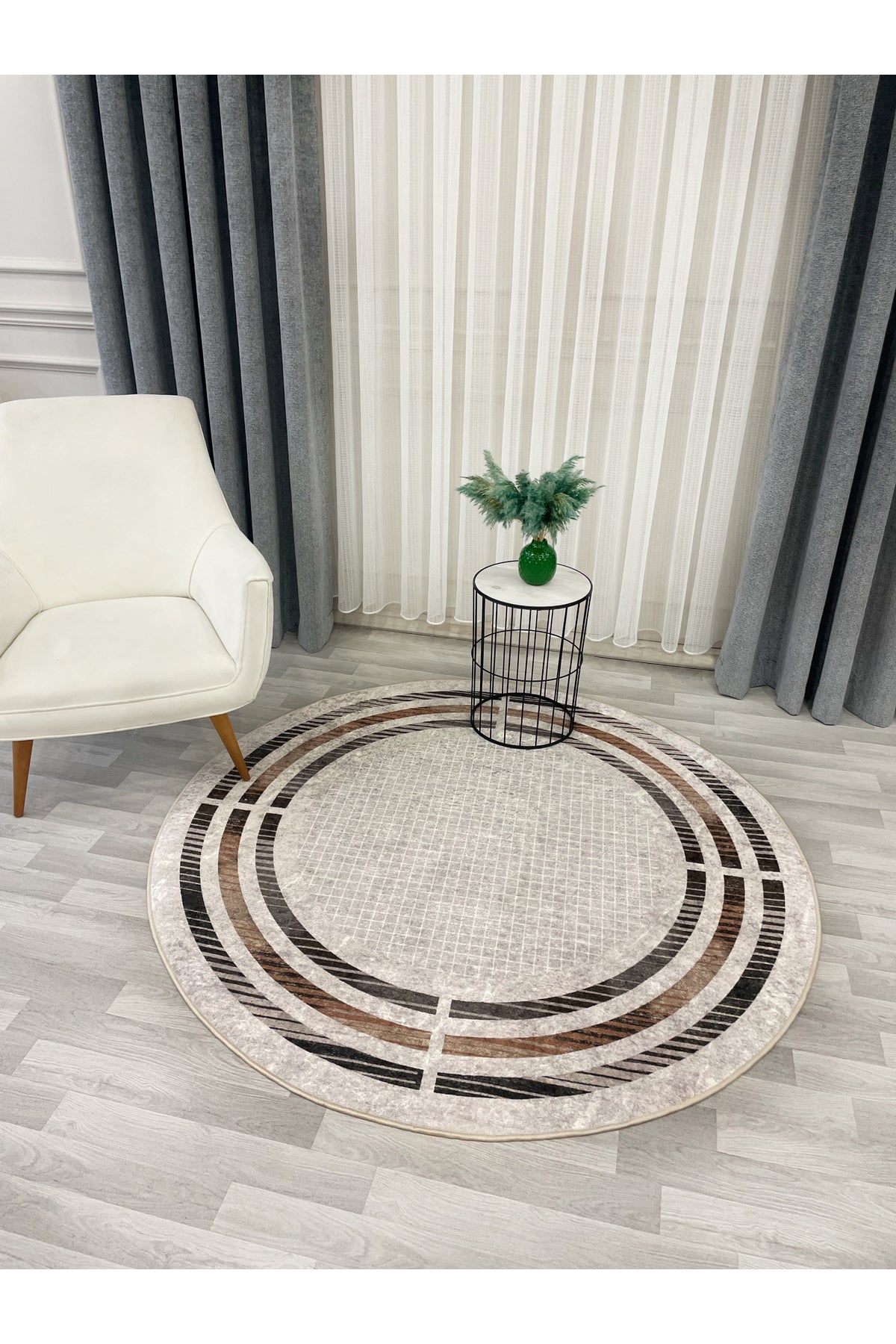 BEIGE Striped Bordered Non-Slip Base Framed Rug