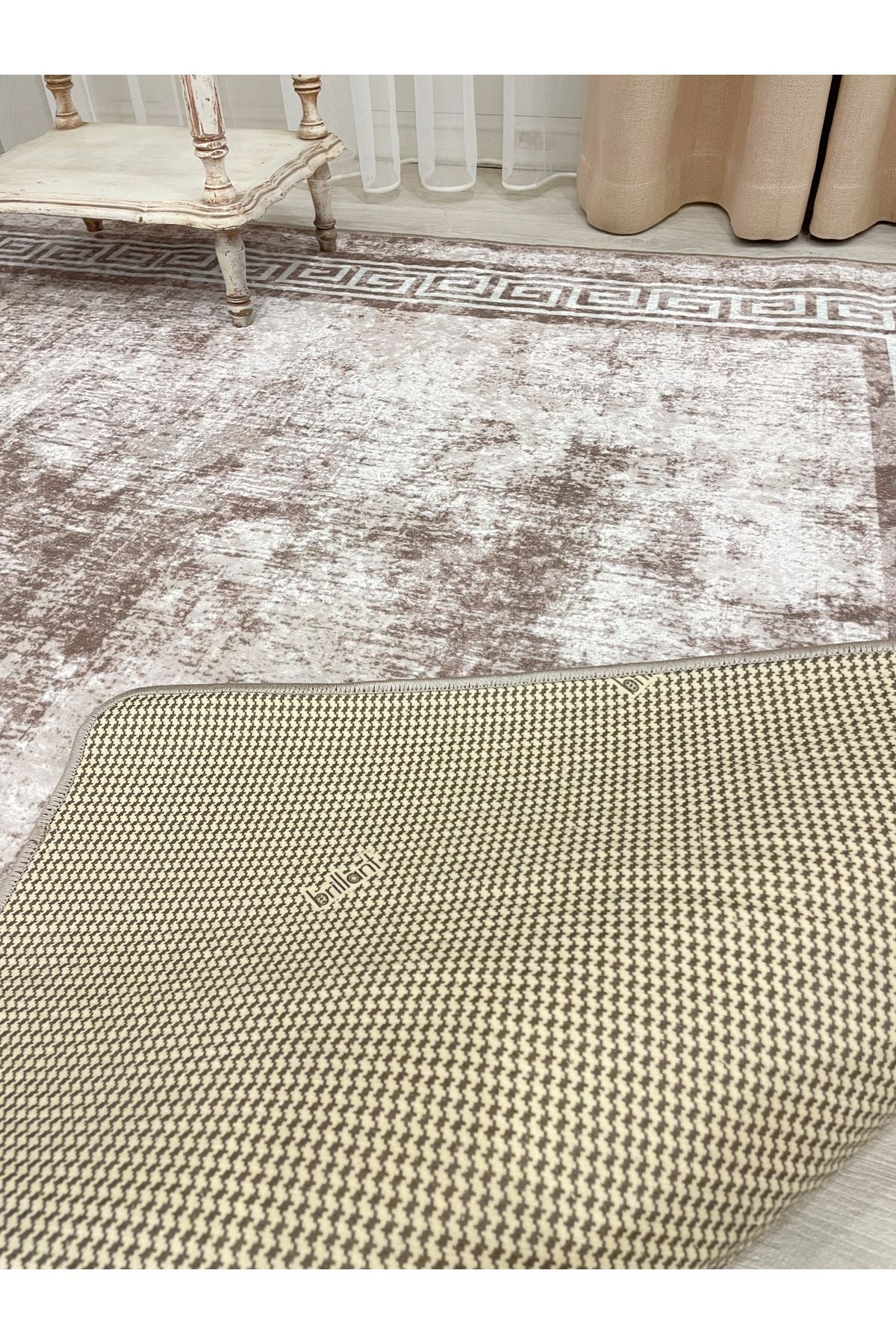 Beige-Mink Bordered Pattern Latex Leather Base Rug