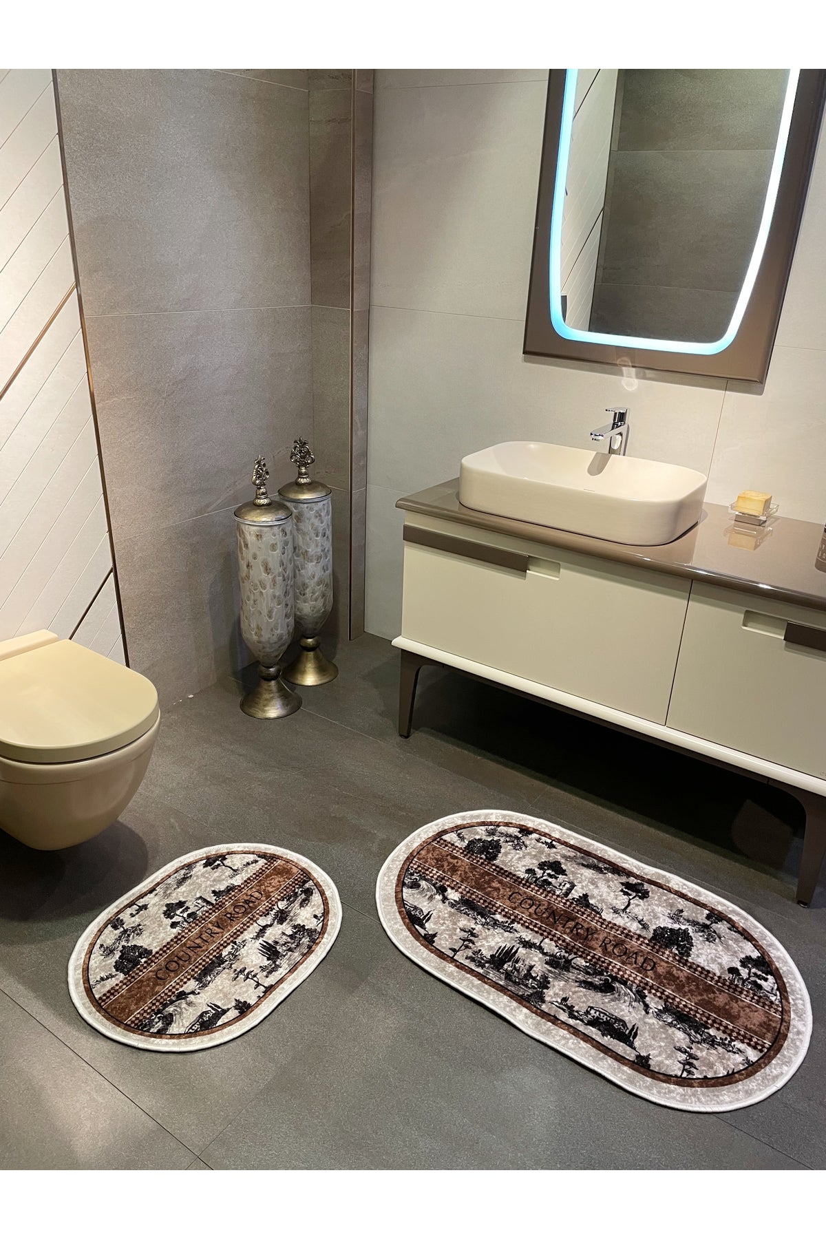 2 li Kahverengi 60x100 - 60x50 Country Desenli Lateks Taban Banyo Paspas