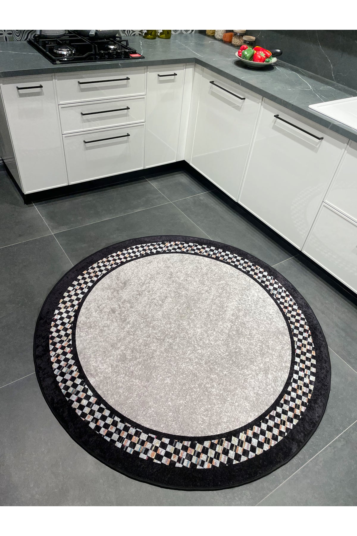 Checkered Round Latex Non-Slip Base Fringe-Free Kitchen Terrace Balcony Rug
