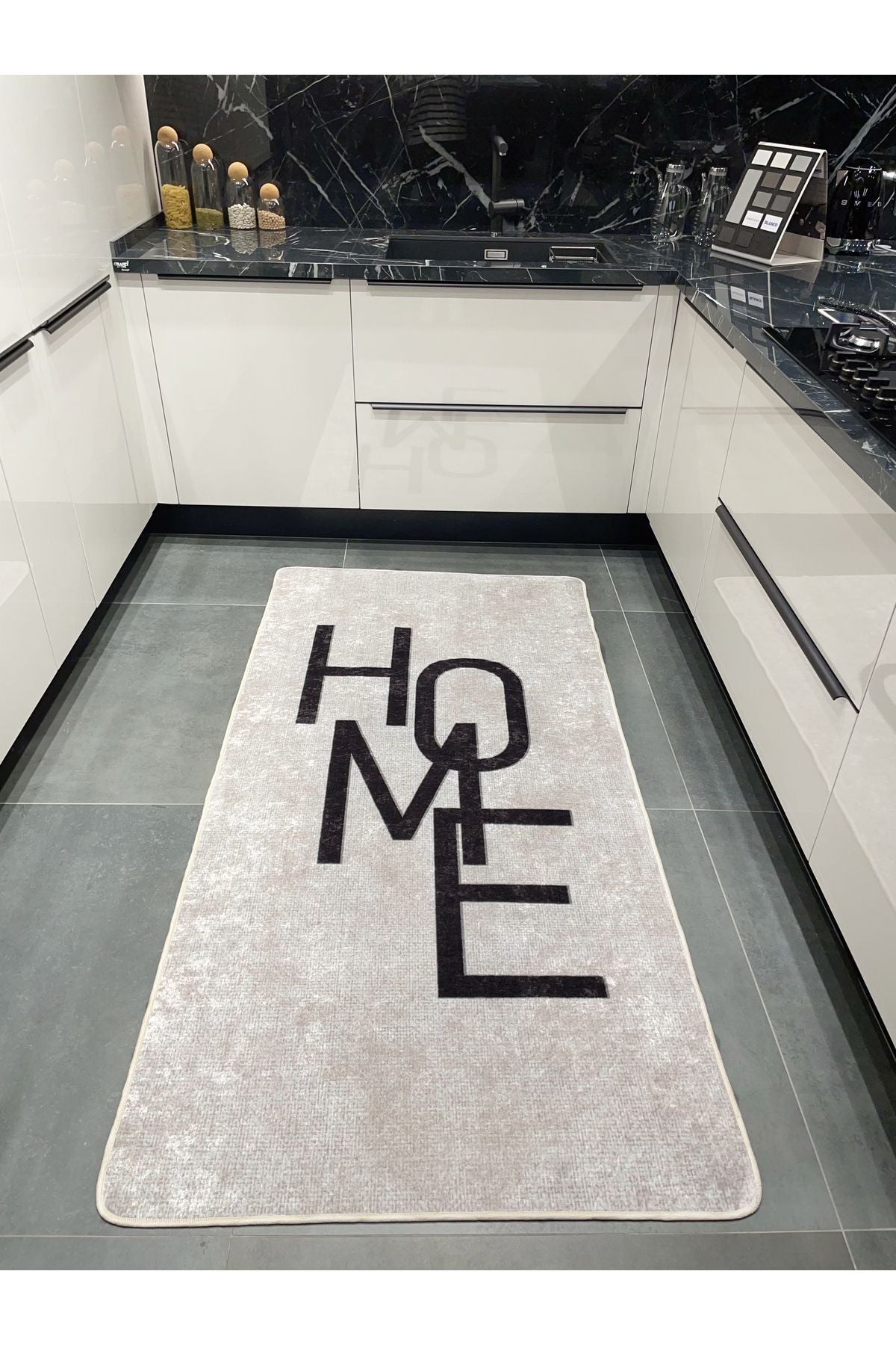 Home Yazılı Düz Mutfak Halısı - SİYAH
