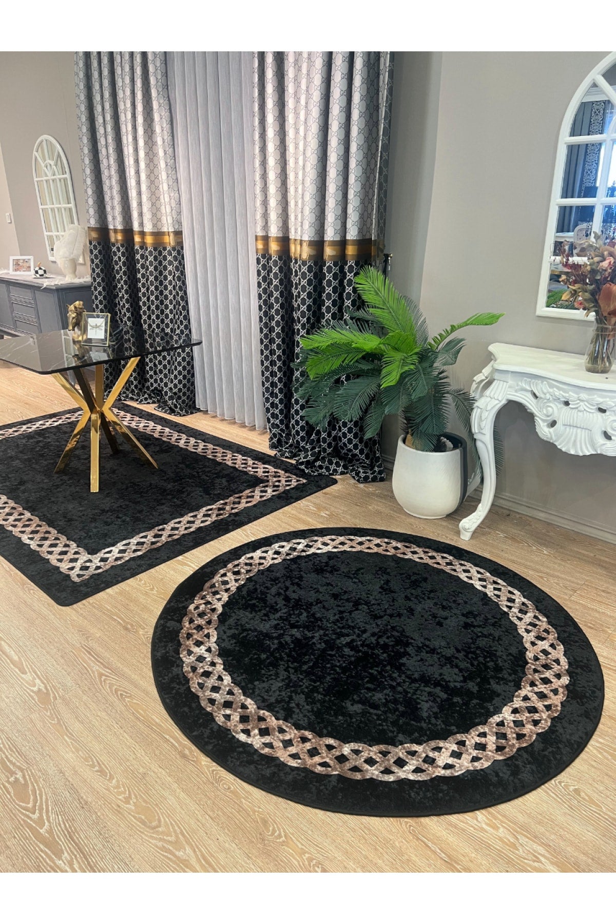 Chain Patterned Gray - Black Decorative Rug