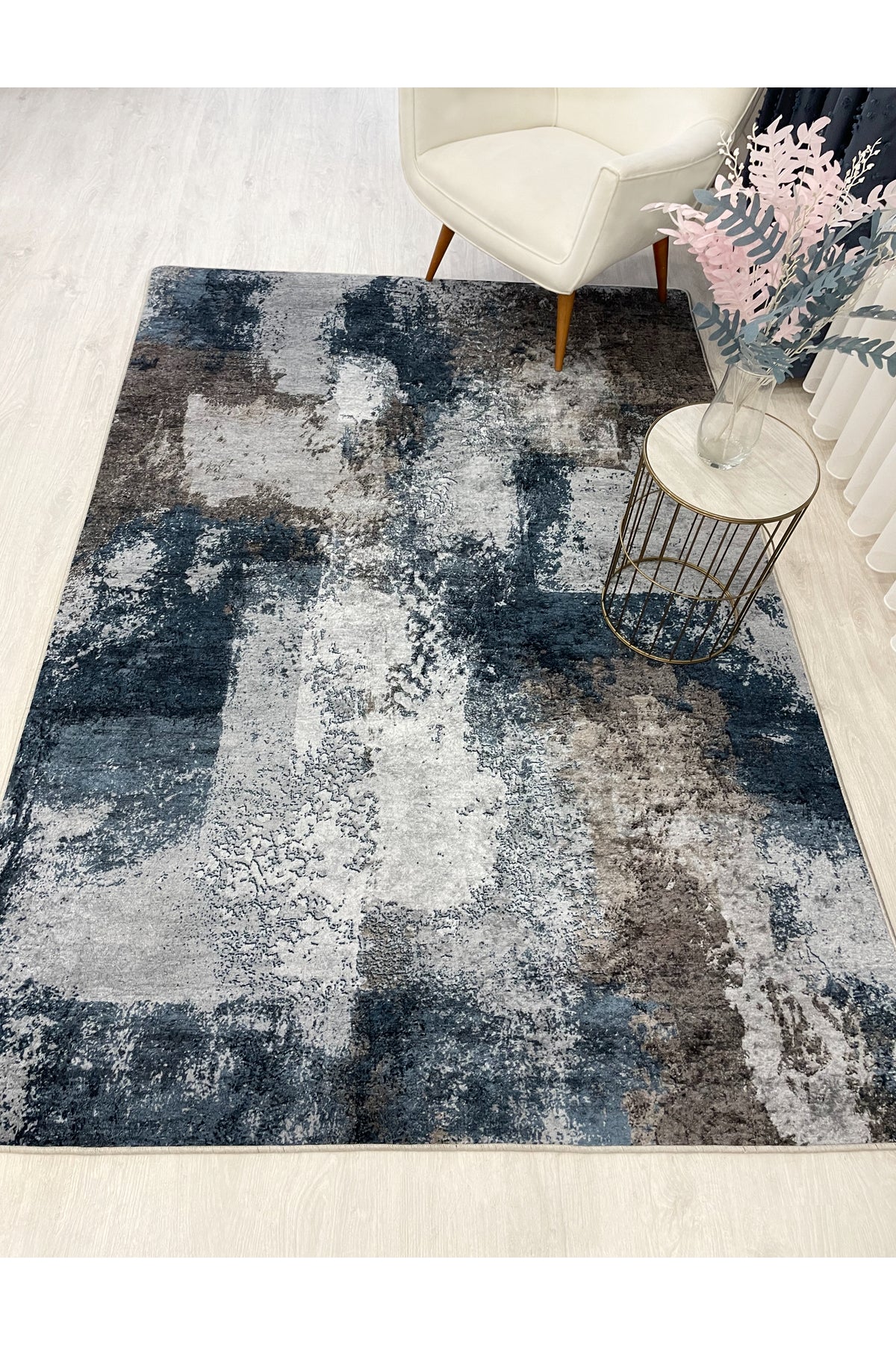 GRAY-NAVY Abstract Pattern Non-Slip Base Runner Rug