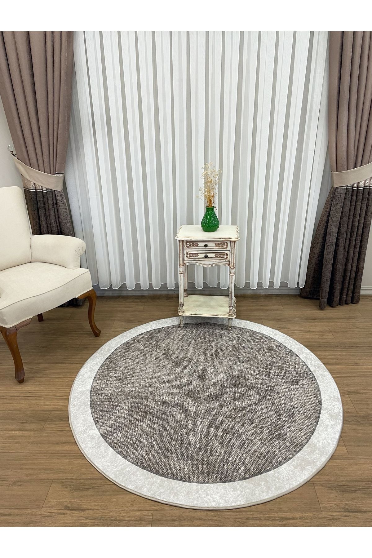 Jute-Look Washable Latex Base Round Rug - Beige Brown