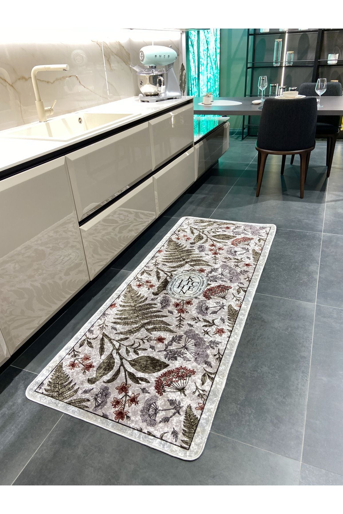 Floral Pattern Latex Leather-Backed Kitchen Rug GRAY