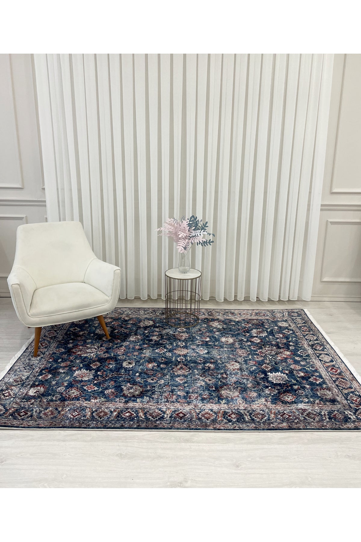 Navy Blue Distressed Look Latex Non-Slip Base Rug