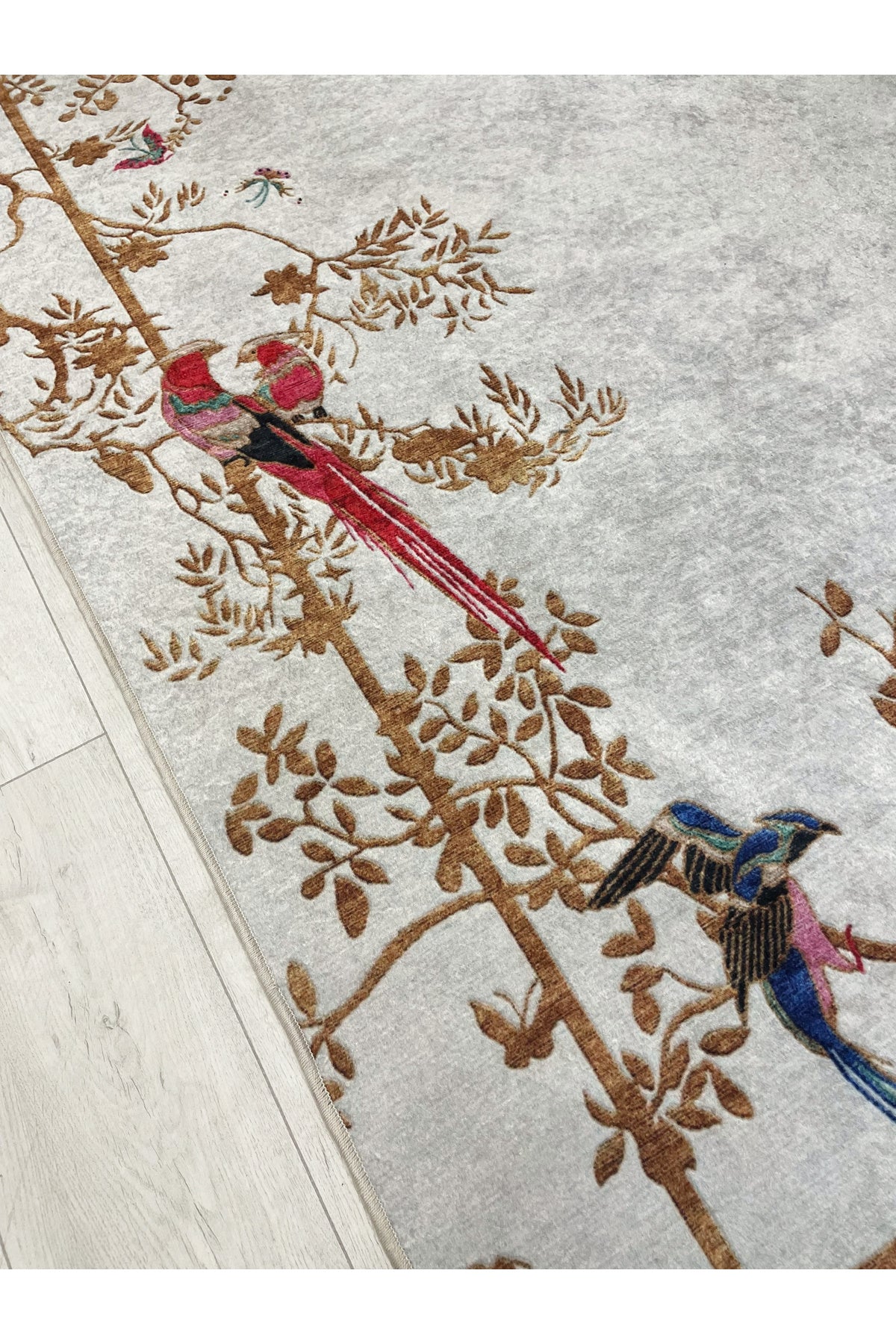 GRAY - Embroidery Look Bird Print Latex Base Runner Rug