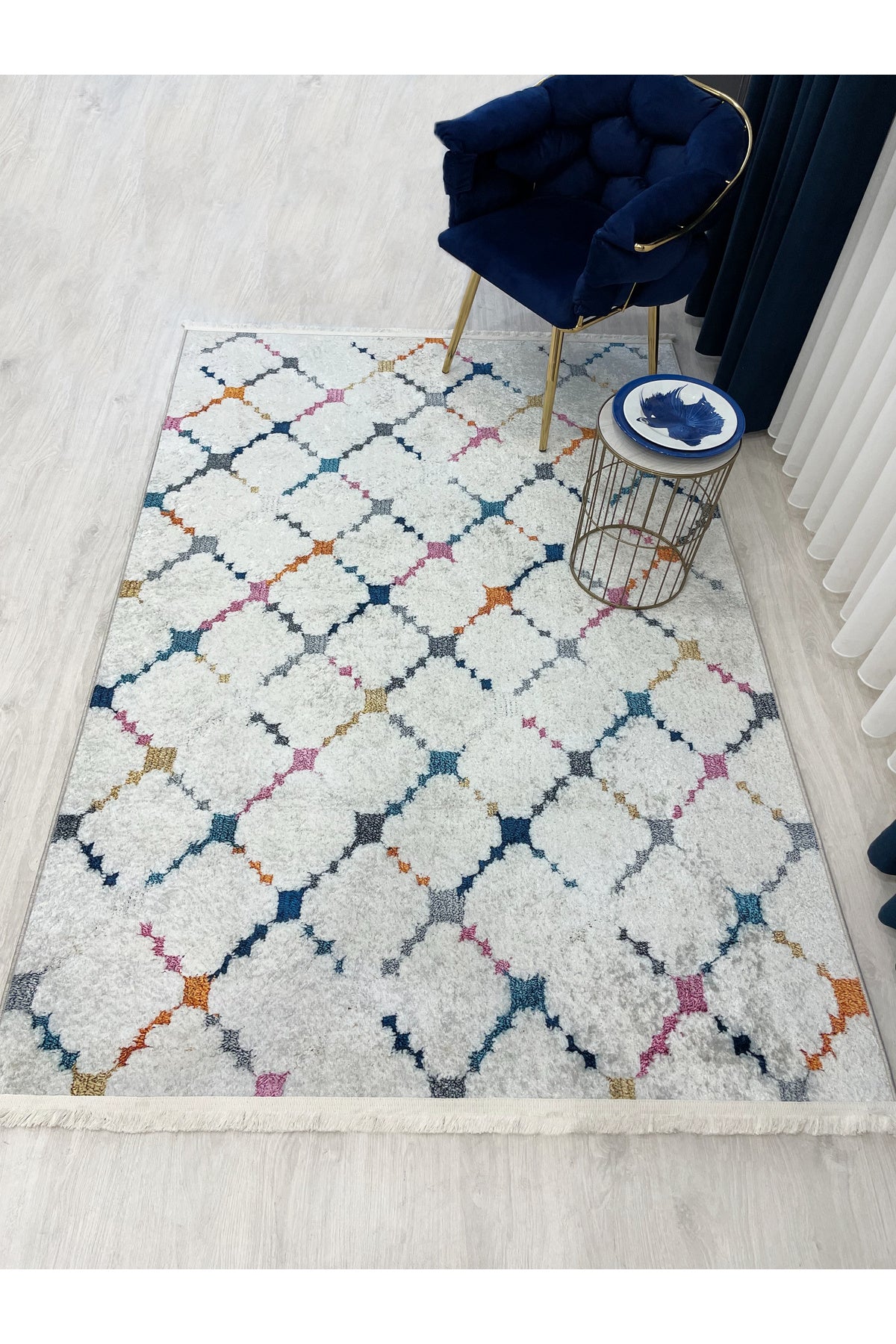 Cream-Gray Embossed Look Latex Leather Base Rug