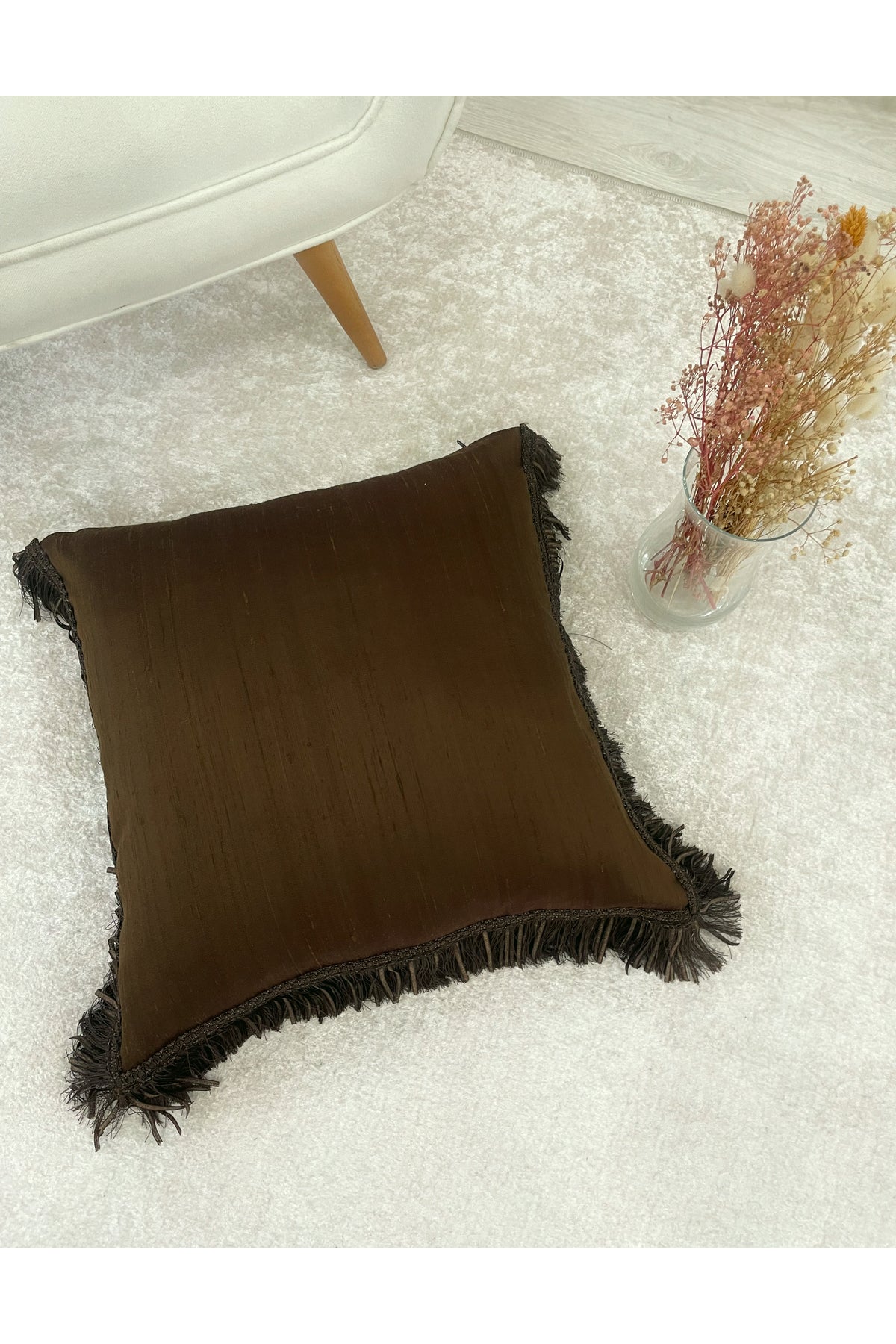 DARK BROWN Color Tasseled - Silk Taffeta Throw Pillow Cover (45x45)