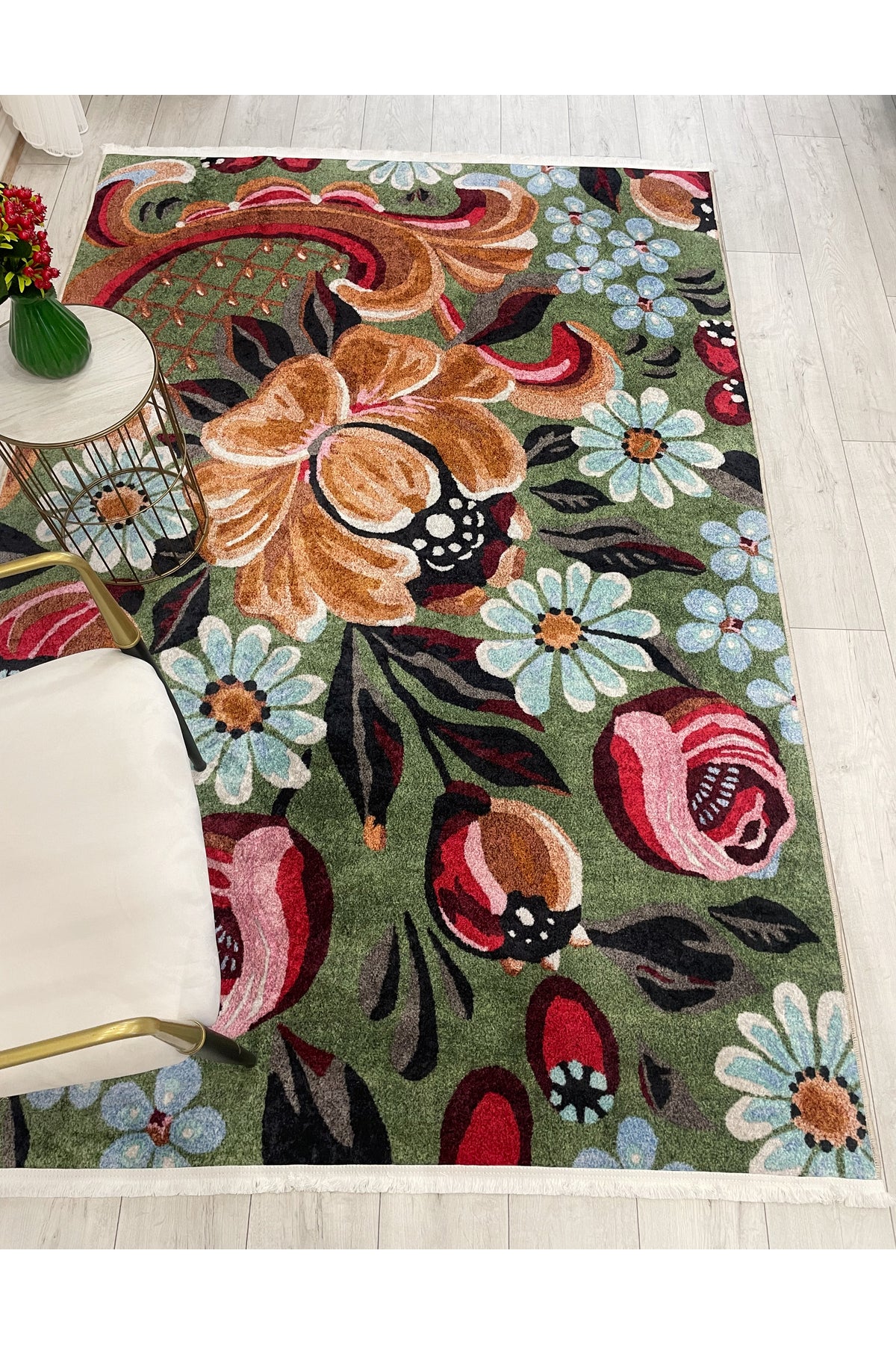 Green Floral Pattern Latex Base Rug