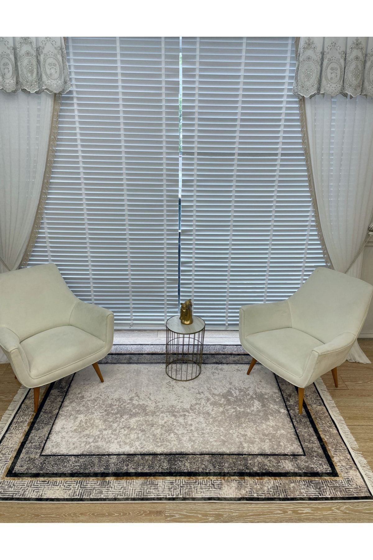 Vilmar Modern Striped Latex Leather Base Fringed Rug - Beige